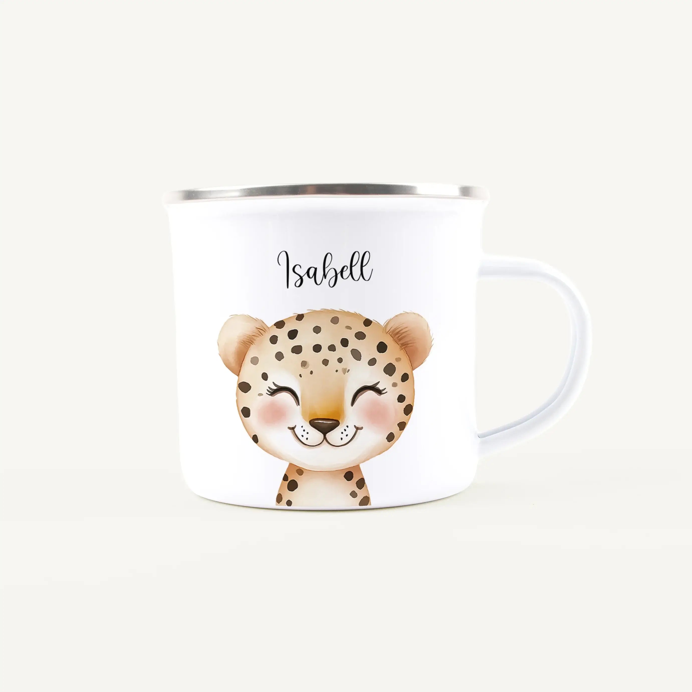 Emaille Tasse Leopard Portrait-Emaille Tasse-famprints-Die Emaille Tasse Leopard Portrait von famprints ist genau das Richtige, wenn du ein personalisiertes Geschenk suchst, das auffällt und gleichzeitig alltagstauglich ist. Das detailreiche Leoparden-Por