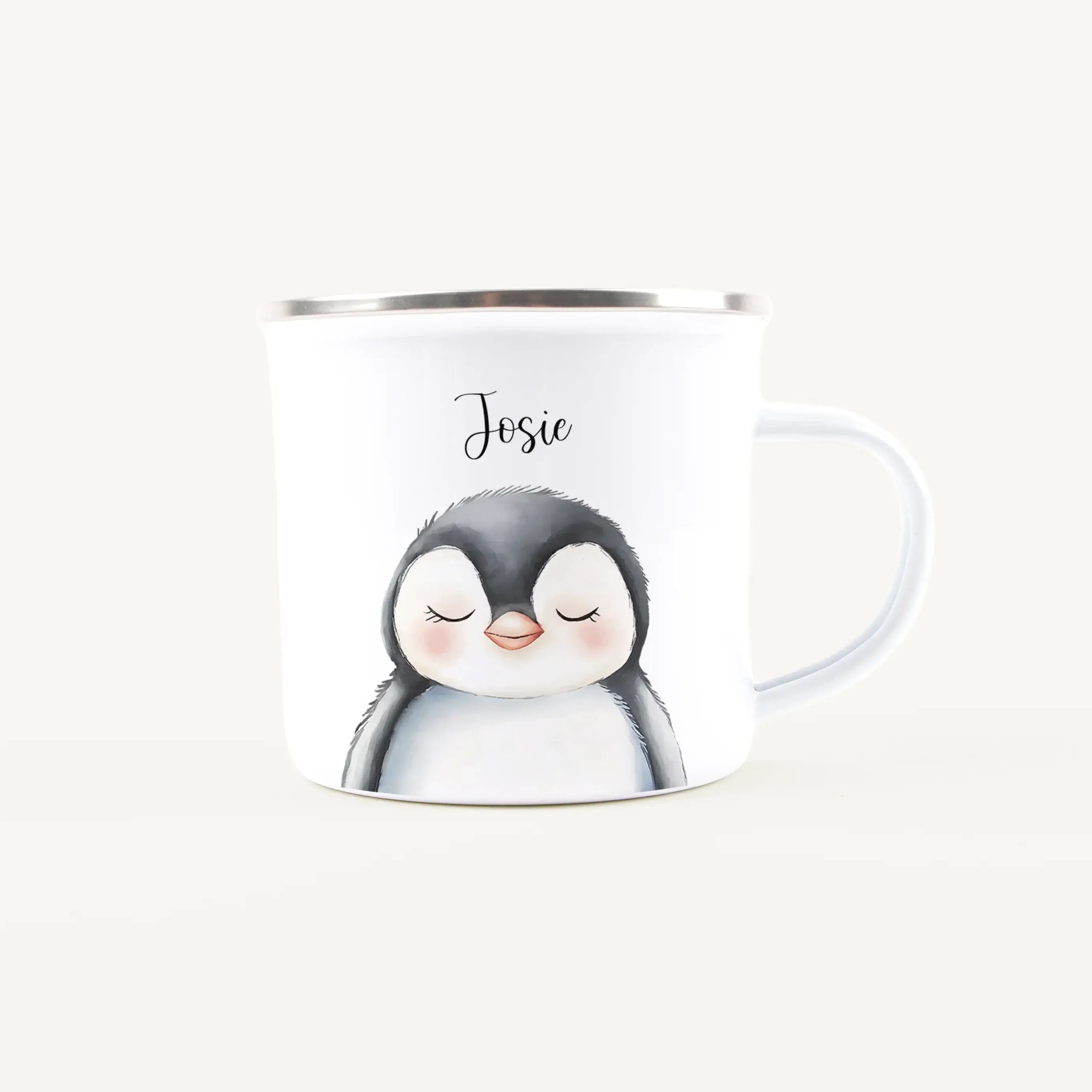 Emaille Tasse Pinguin Portrait-Emaille Tasse-famprints-Die Emaille Tasse Pinguin Portrait von famprints bringt Kindern jeden Morgen ein kleines Stück Freude an den Frühstückstisch. Mit ihrem liebevoll gestalteten Wasserfarben-Look und der Auswahl aus zwei