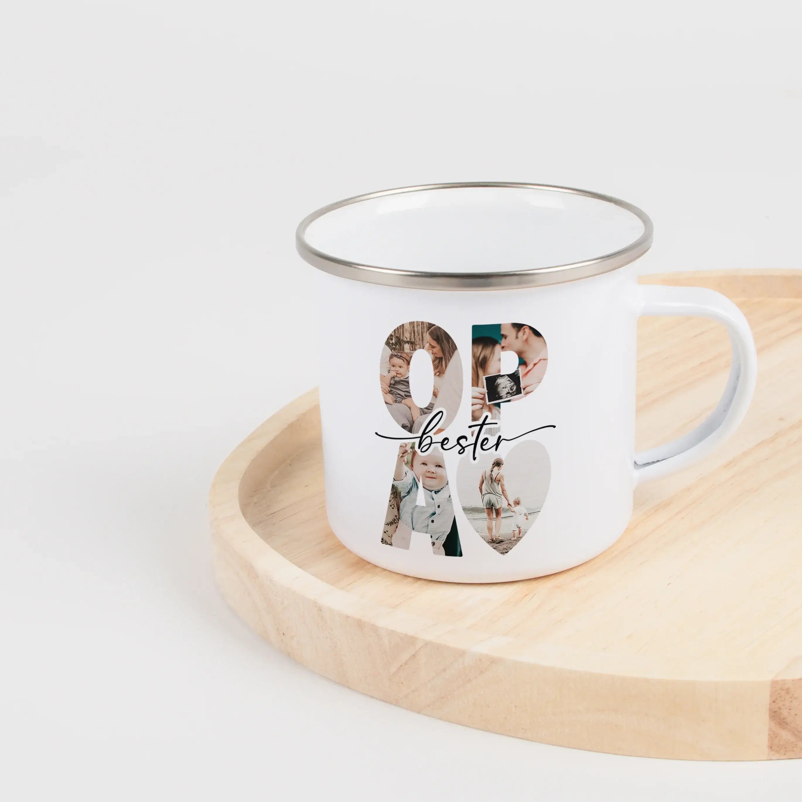 Emaille Tasse bester Opa-Emaille Tasse-famprints-Die Emaille Tasse bester Opa von famprints ist ein persönliches Geschenk, das echte Freude auslöst und täglich an gemeinsame Momente erinnert. Du gestaltest die Tasse mit Lieblingsfotos und einem eigenen Te