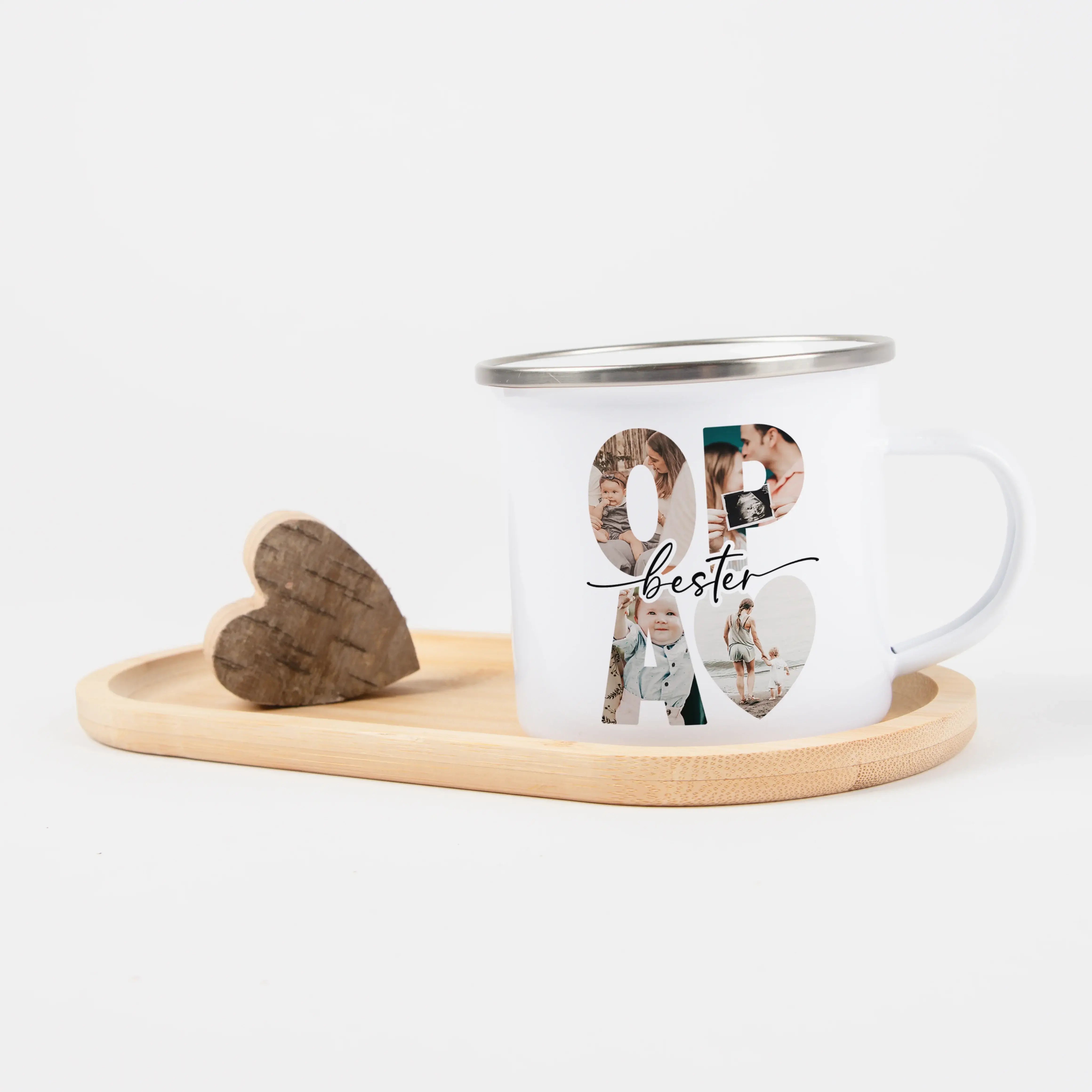 Emaille Tasse bester Opa-Emaille Tasse-famprints-Die Emaille Tasse bester Opa von famprints ist ein persönliches Geschenk, das echte Freude auslöst und täglich an gemeinsame Momente erinnert. Du gestaltest die Tasse mit Lieblingsfotos und einem eigenen Te