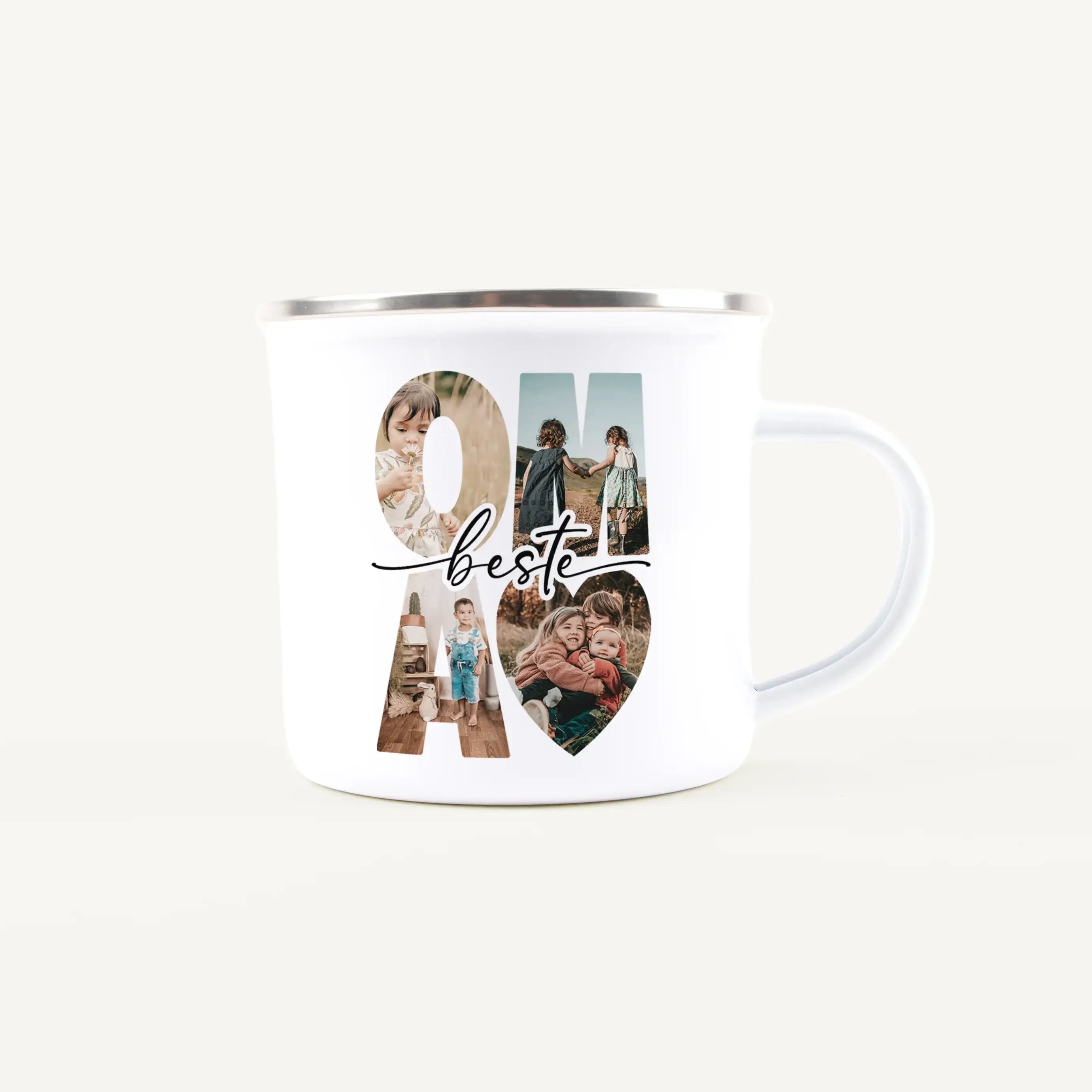 Emaille Tasse beste Oma-Emaille Tasse-famprints-Überrasche deine Oma mit der Emaille Tasse beste Oma von famprints – einem liebevoll gestalteten Erinnerungsstück, das euren besonderen Alltag begleitet. Die Kombination aus personalisierbarem Design, vier F