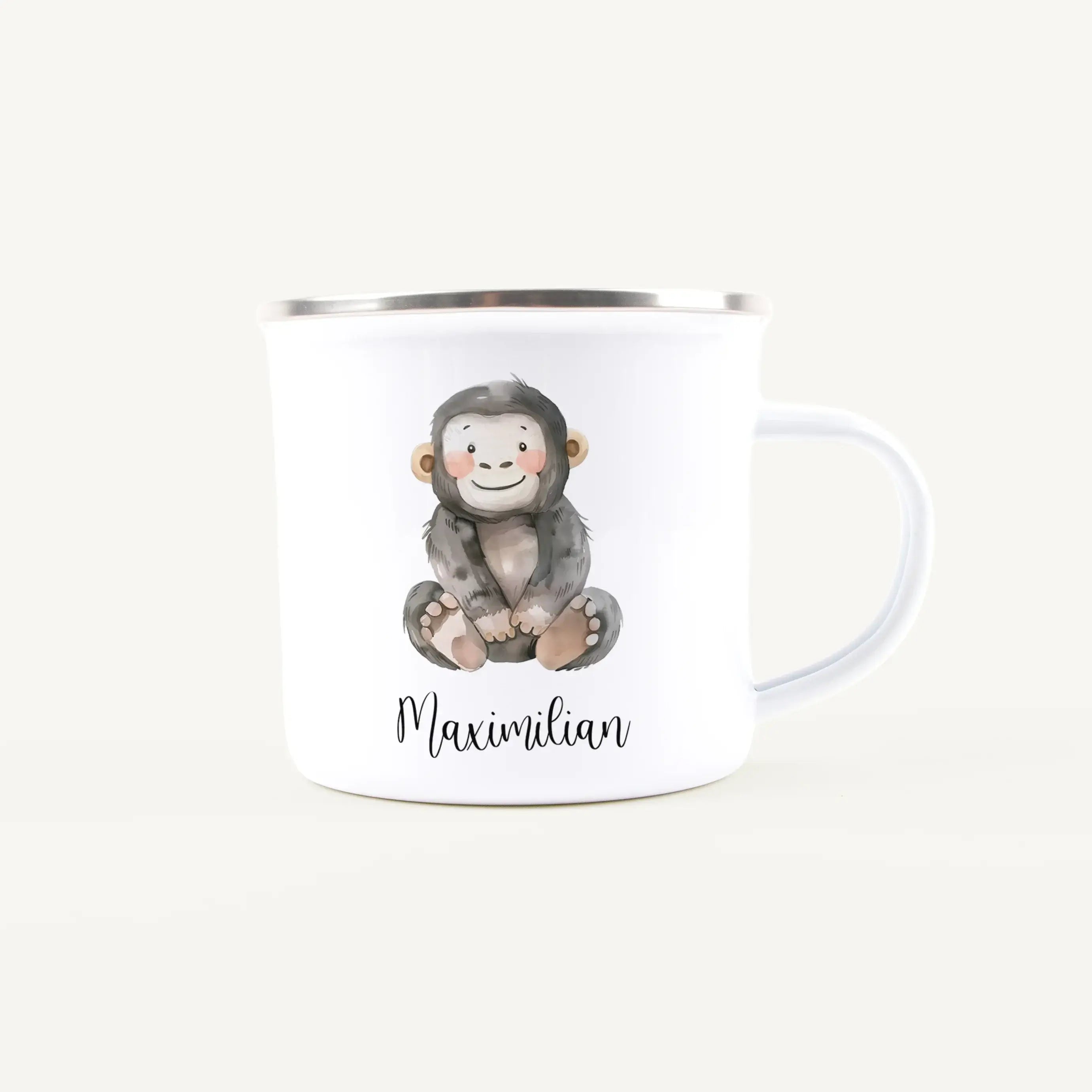 Emaille Tasse Affe-Emaille Tasse-famprints-Die Emaille Tasse Affe von famprints bringt gute Laune auf jeden Tisch und wird dank deiner Personalisierung zu einem kleinen Geschenkmoment. Der liebevoll illustrierte Affe macht die Tasse für Kinder wie Erwachs