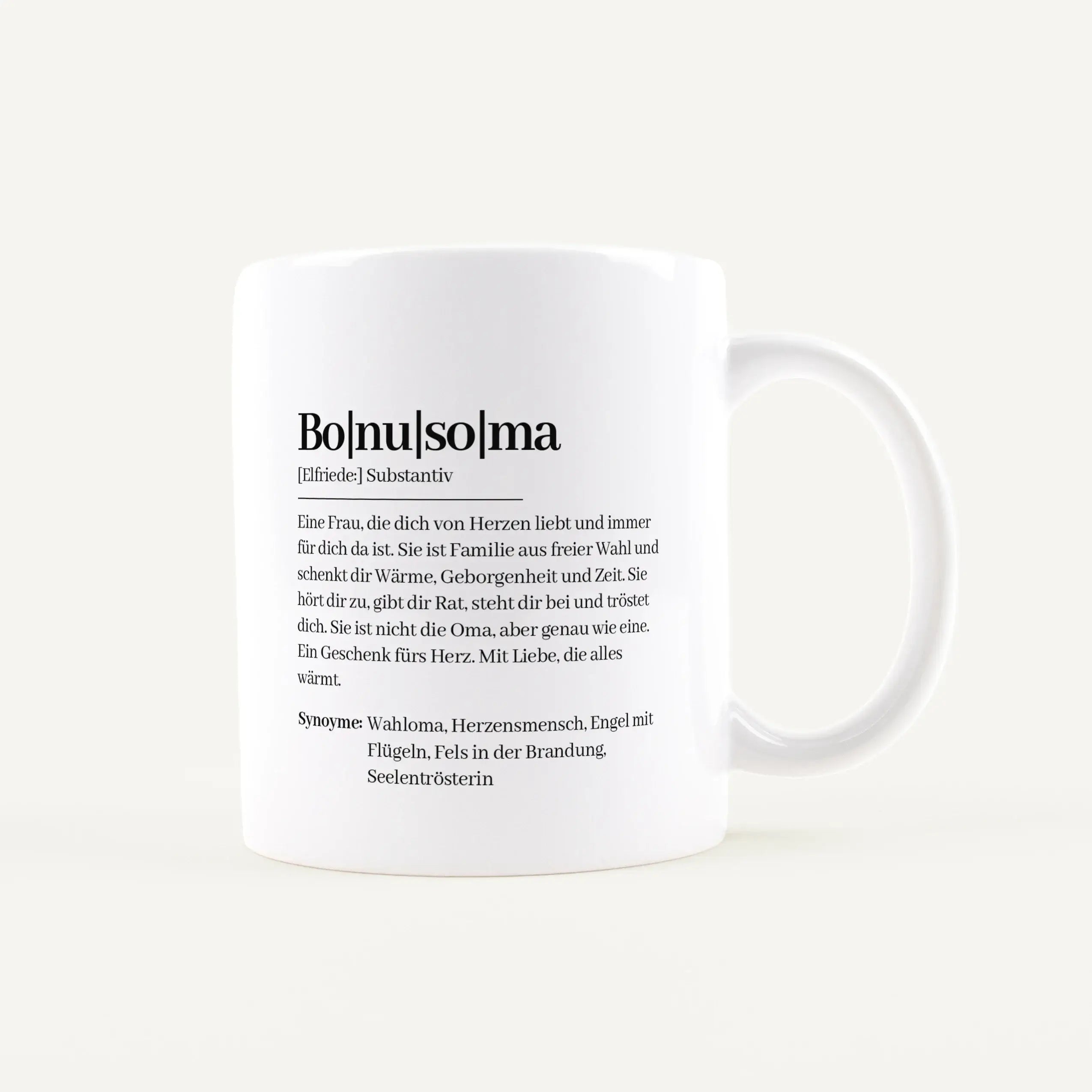 Tasse Definition Bonusoma-Keramik Tasse-famprints-Mit der Tasse Definition Bonusoma schenkst du keine Kleinigkeit, sondern eine persönliche Botschaft, die im Alltag immer wieder Freude macht. Das Design im Duden Stil beschreibt die Bonusoma auf liebevolle