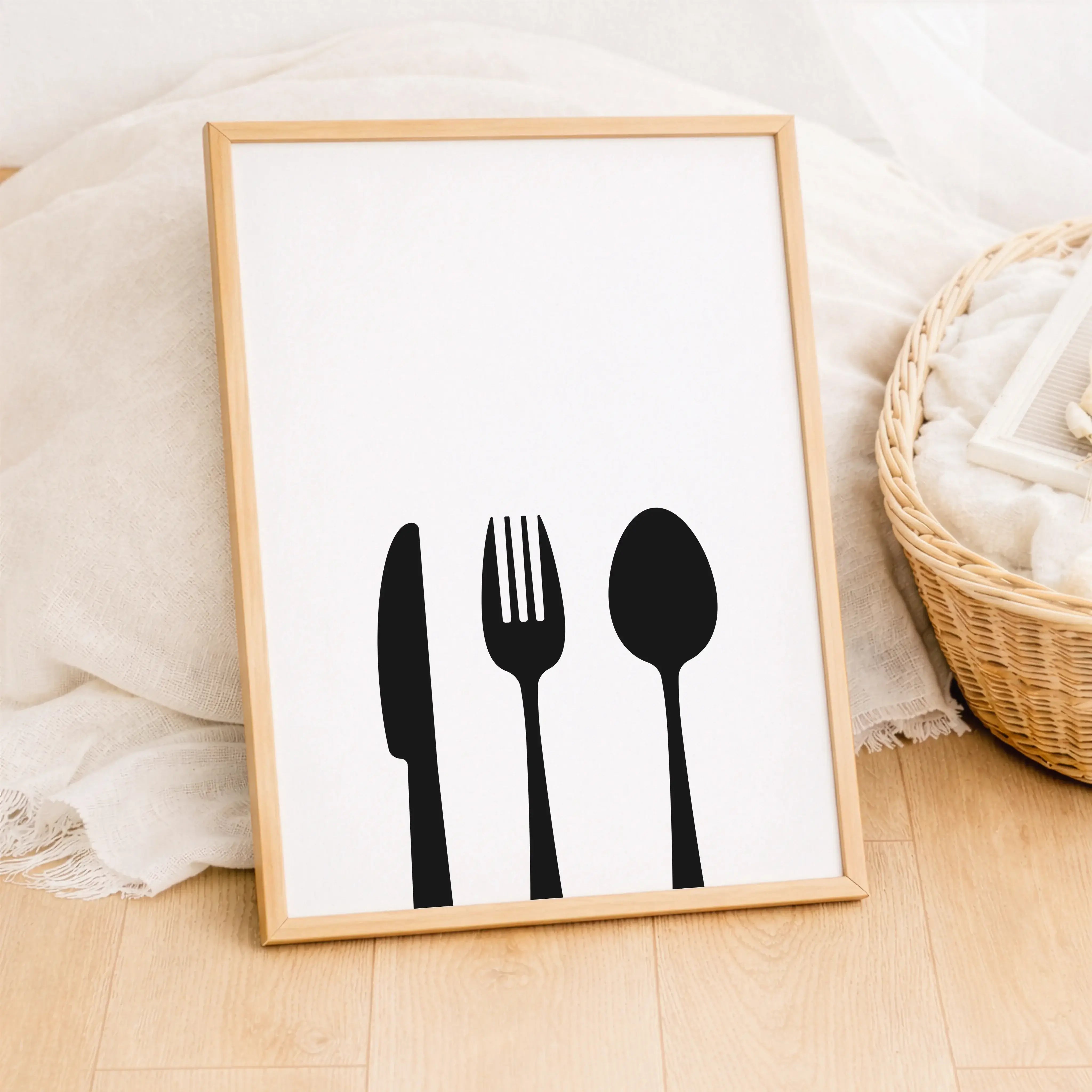 Küchenposter 'Besteck'-Poster-famprints-Das Küchenposter „Besteck“ bringt klare Formen und modernes Design an deine Küchenwand. Mit Messer, Gabel und Löffel als stilvolles Motiv passt dieses Küchenposter perfekt in offene Wohnküchen, Essbereiche oder klei