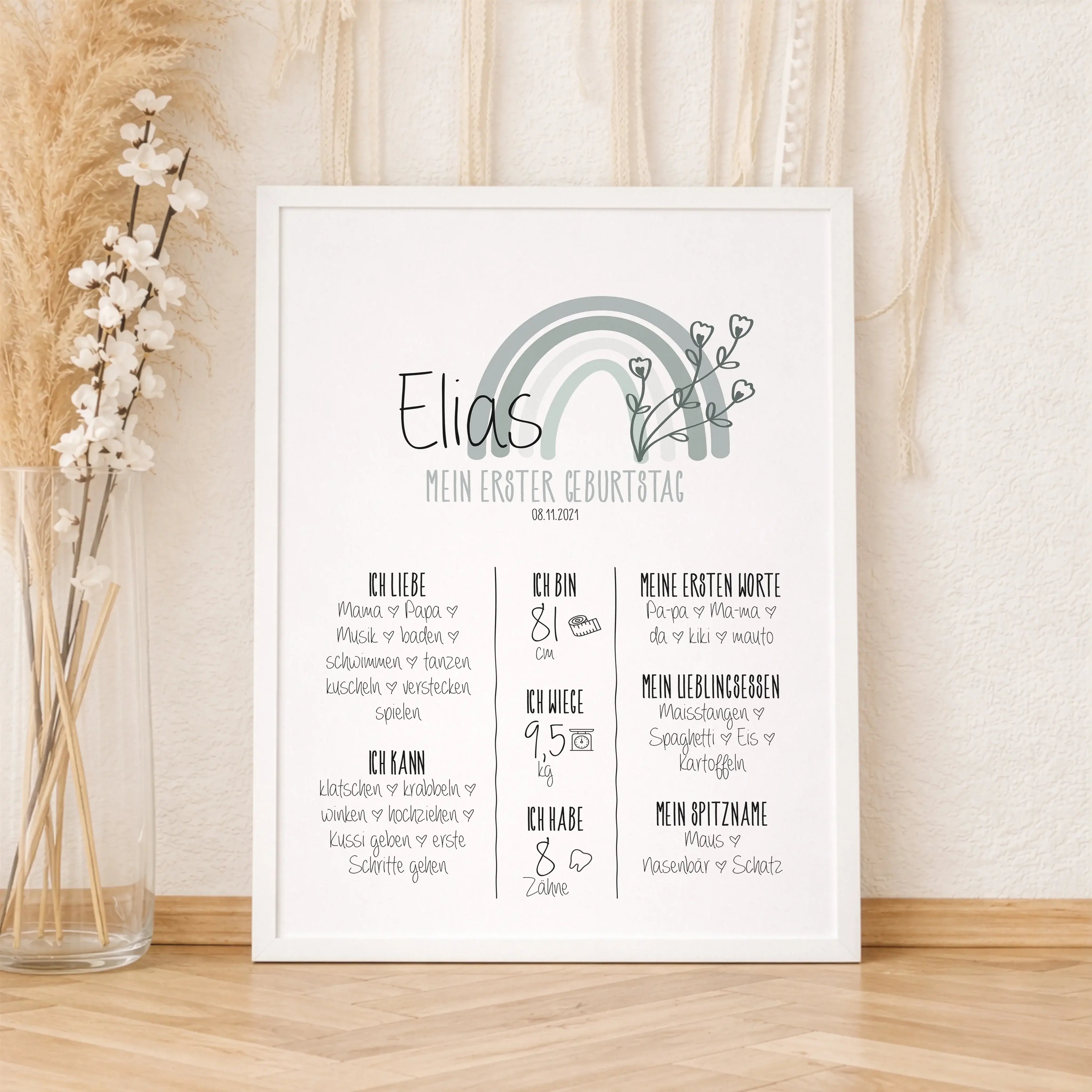 Meilensteintafel 1. Geburtstag-Personalisiertes Poster-famprints-Die Meilensteintafel 1. Geburtstag von famprints hält fest, was dein Kind im ersten Lebensjahr gelernt, geliebt und entdeckt hat. Vom ersten Wort über Lieblingsessen bis zu Größe und Gewicht