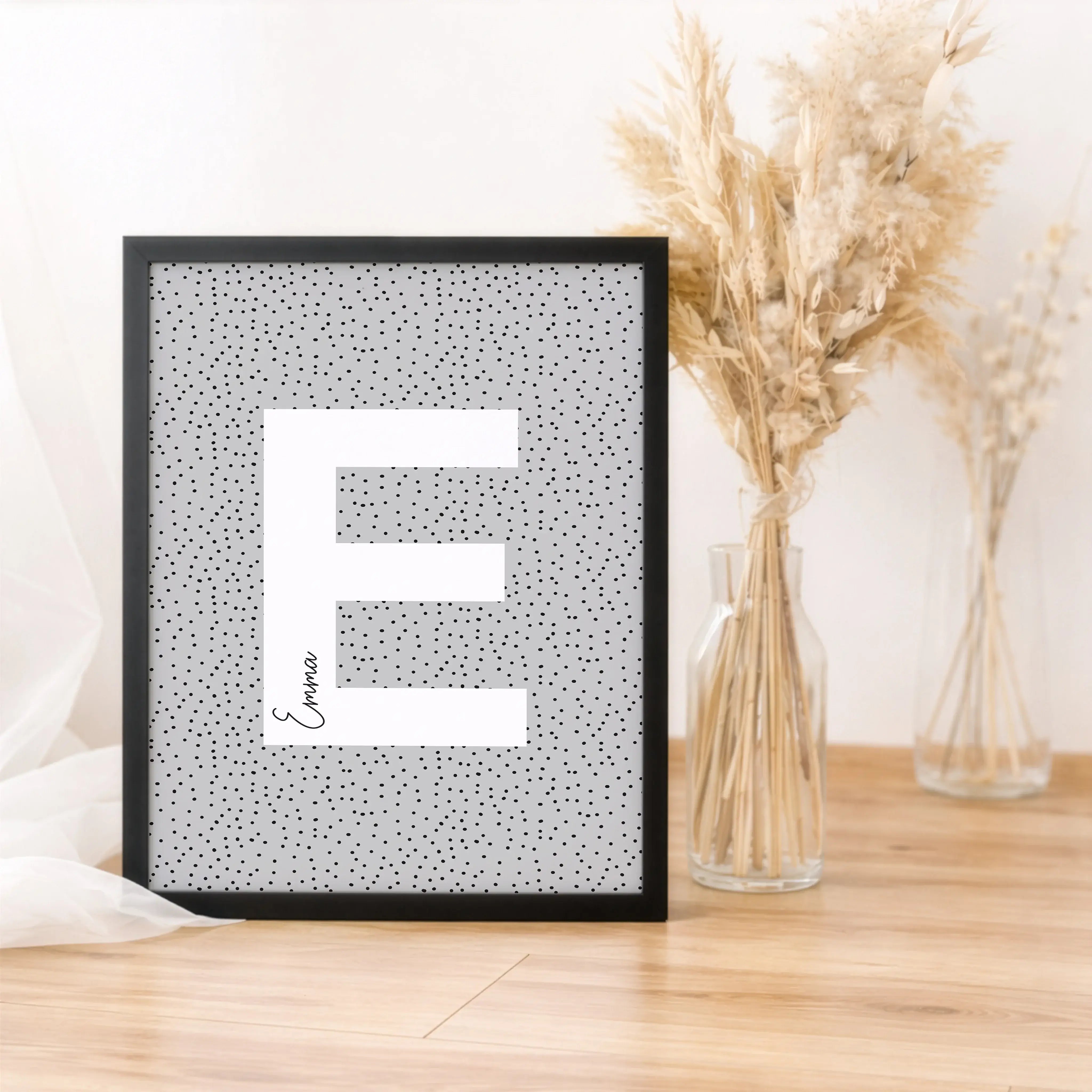 Buchstaben Poster Pointy-Personalisiertes Poster-famprints-Das Buchstaben Poster Pointy von famprints rückt einen einzelnen Buchstaben klar in den Fokus und kombiniert ihn mit einem personalisierten Namen. Der große, weiße Buchstabe hebt sich ruhig vom fe