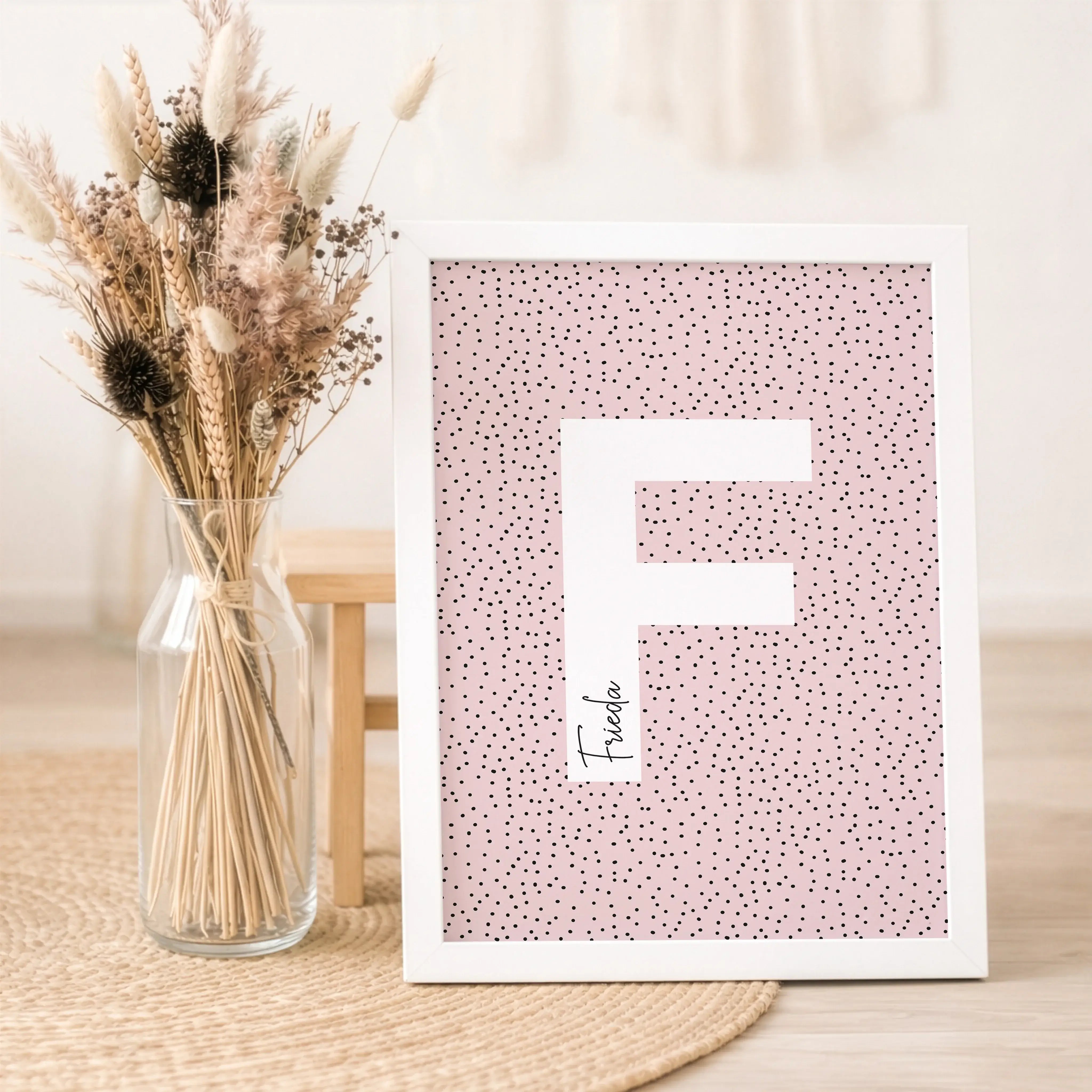 Buchstaben Poster Pointy-Personalisiertes Poster-famprints-Das Buchstaben Poster Pointy von famprints rückt einen einzelnen Buchstaben klar in den Fokus und kombiniert ihn mit einem personalisierten Namen. Der große, weiße Buchstabe hebt sich ruhig vom fe