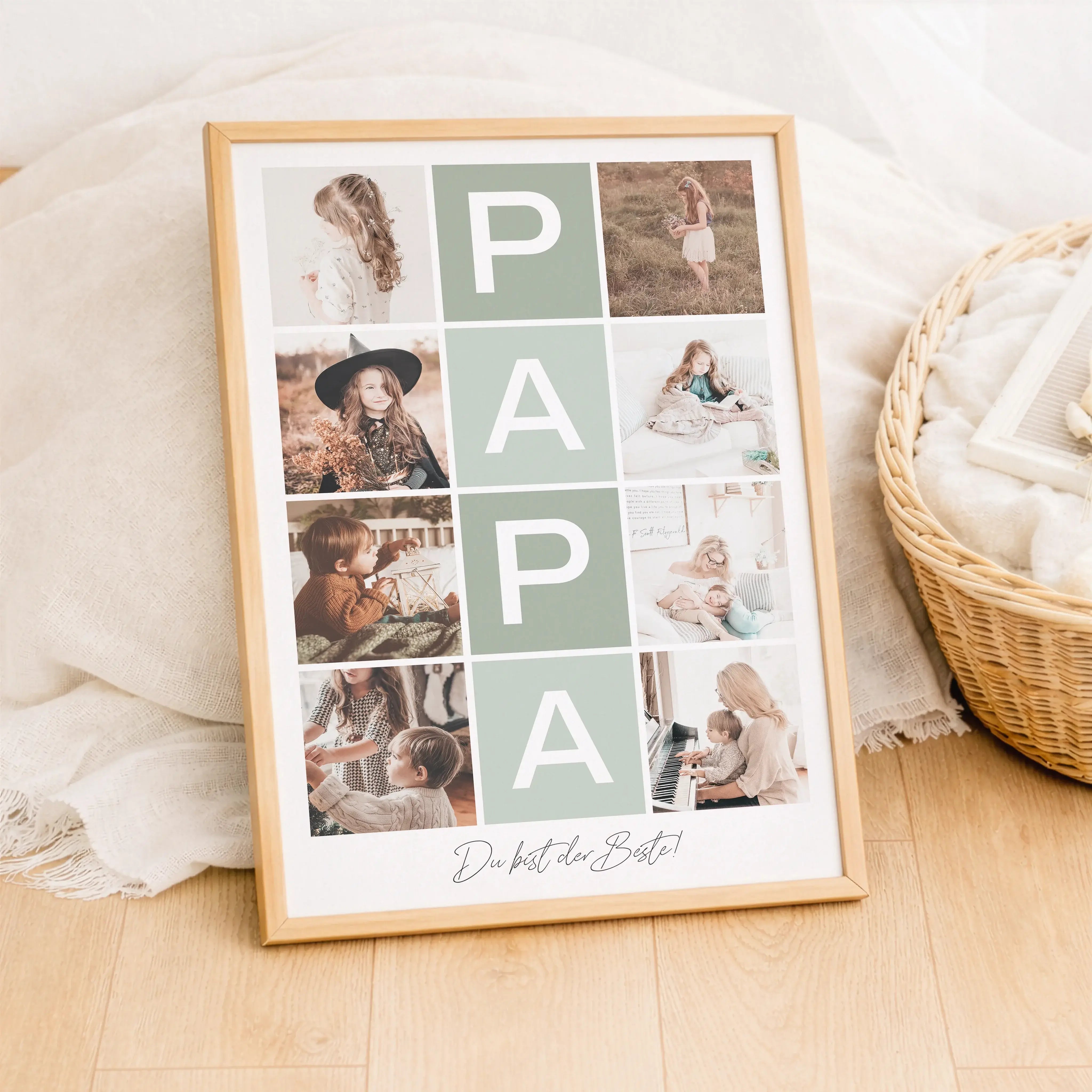 Fotocollage Papa Poster-Personalisiertes Poster-famprints-Mit dem Fotocollage Papa Poster gestaltest du ein persönliches Geschenk, das eure gemeinsamen Momente sichtbar macht. Im Mittelpunkt steht das Wort Papa, modern angeordnet und ergänzt durch deine L