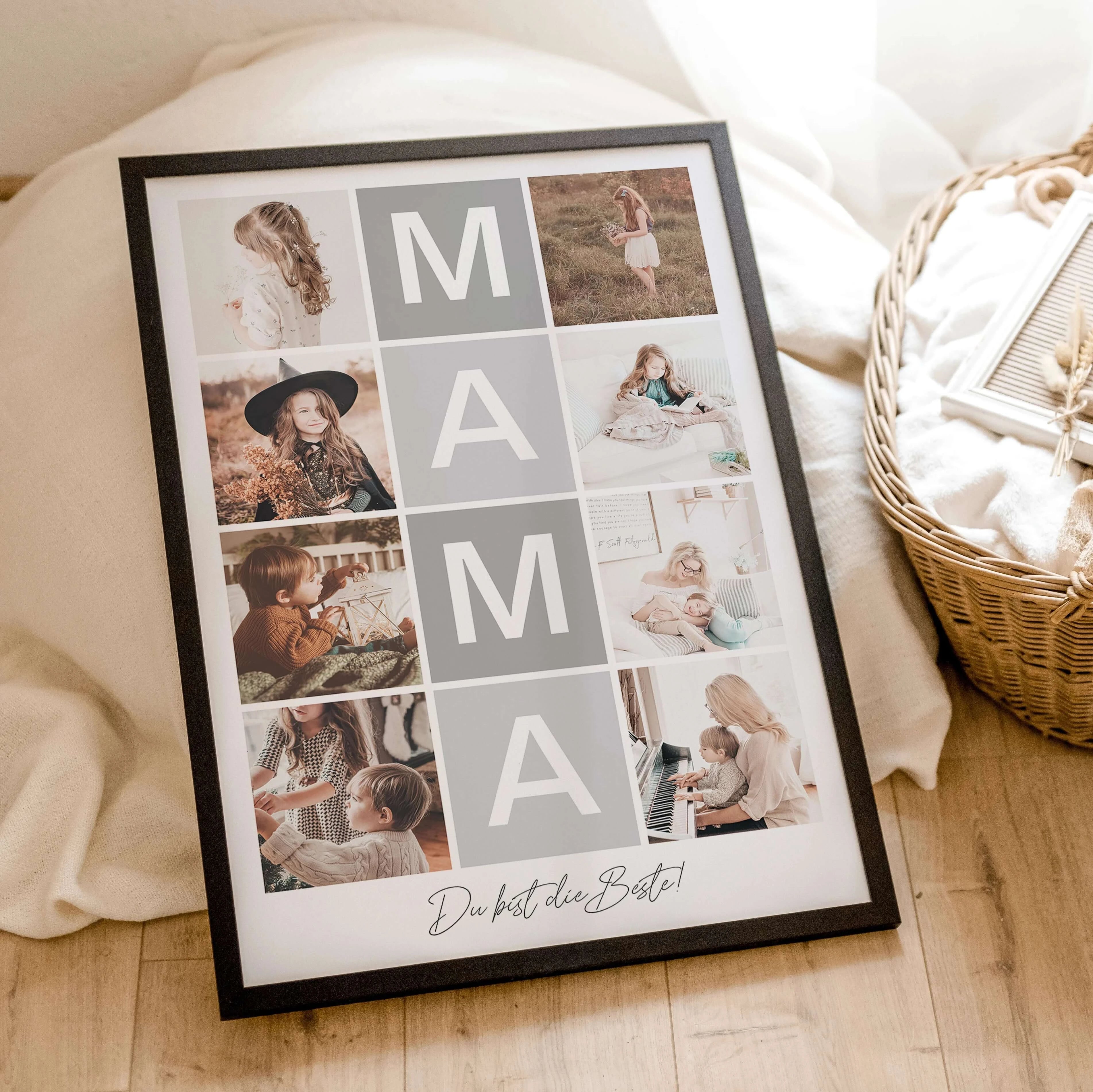 Fotocollage Mama Poster-famprints-Personalisiertes Poster-Auf der Fotocollage Mama findest du mittig, vertikal das Wort Mama, jeweils ein Buchstabe in einem farblichen Quadrat und darunter den personalisierbaren Schriftzug 'Du bist die Beste!'. Gesamt kan