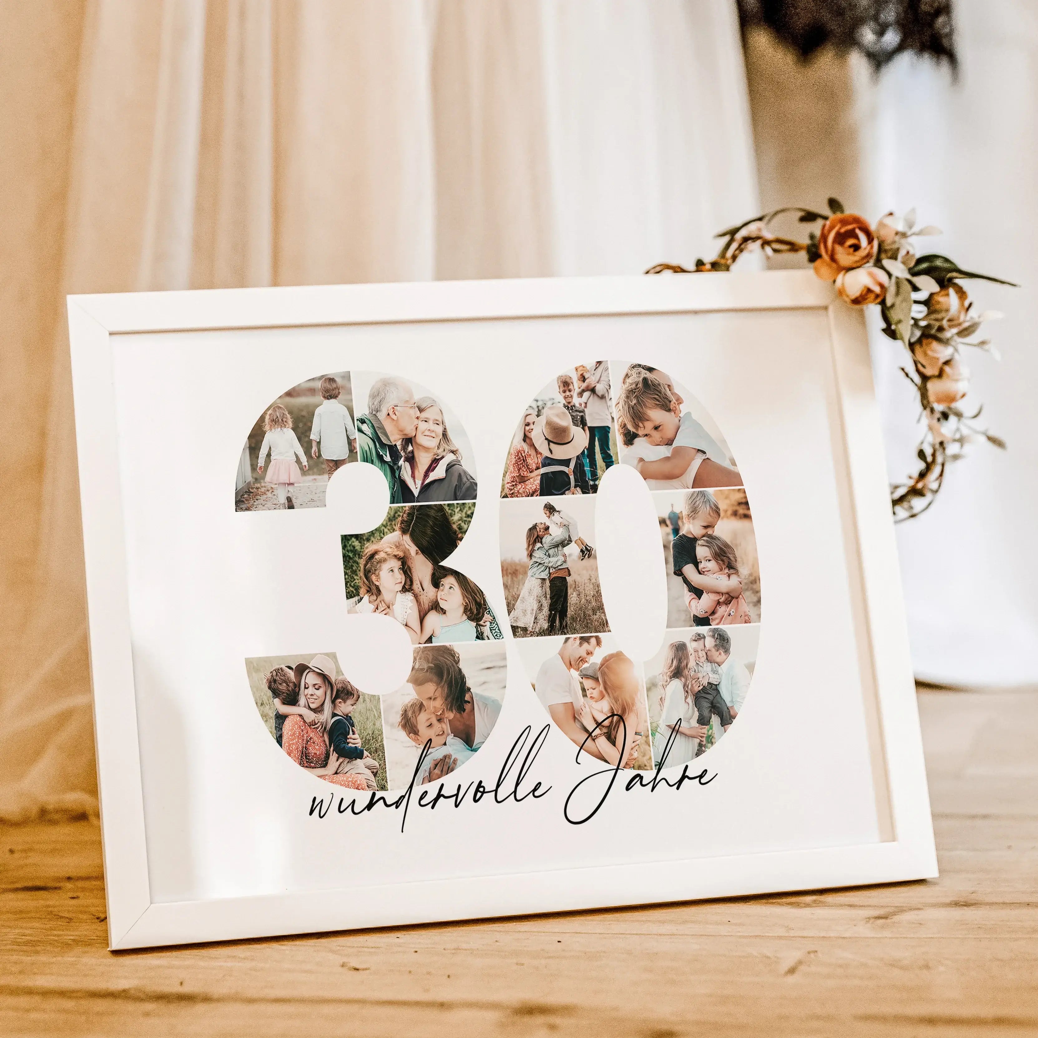 Foto Poster 30 Jahre - Personalisiertes Poster - famprints - Feiere besondere Momente mit unserem einzigartigen Foto Poster 30 – das perfekte personalisierte Geschenk zum Geburtstag, Hochzeitstag oder Jubiläum! Die große Zahl „30“ wird durch deine persönl