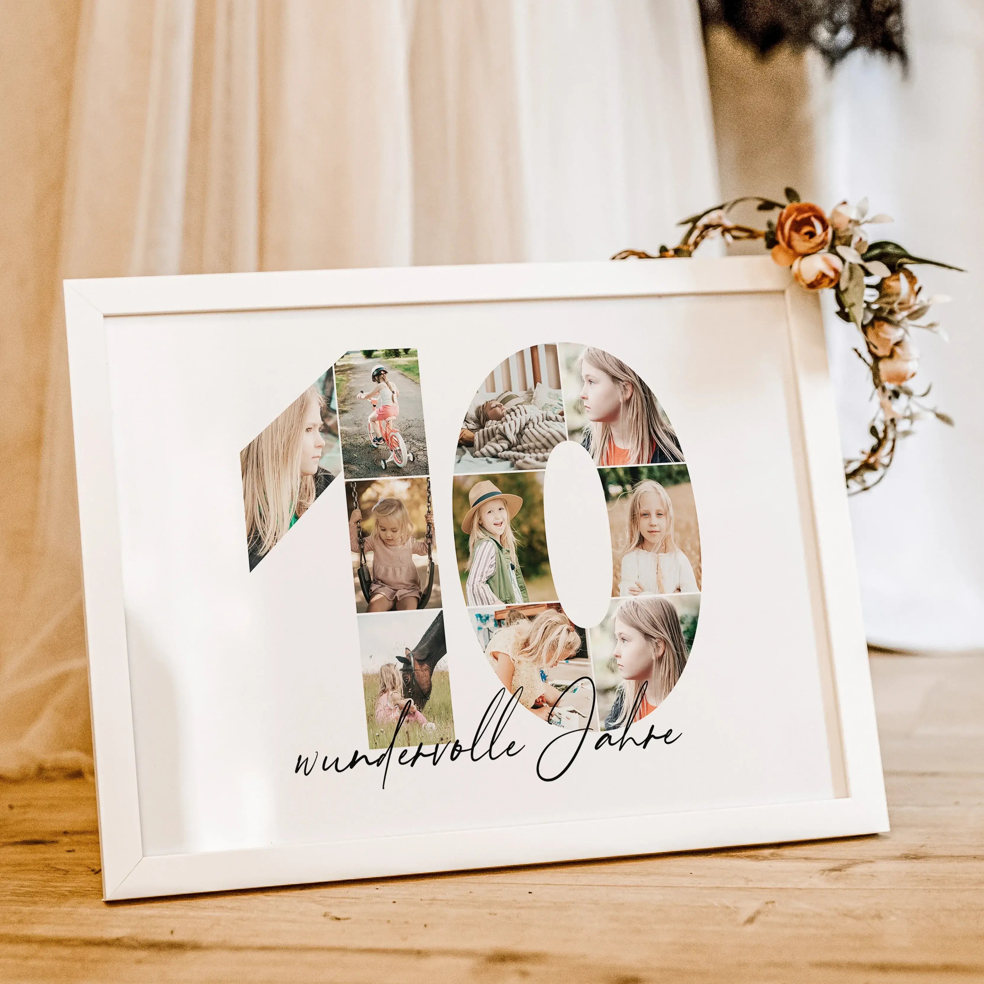 Foto Poster 10 Jahre - Personalisiertes Poster - famprints - Entdecke unser einzigartiges Foto Poster 10, das deine schönsten Erinnerungen auf besondere Weise in Szene setzt. Die große „10“ auf dem Poster kann mit deinen persönlichen Fotos hinterlegt werd