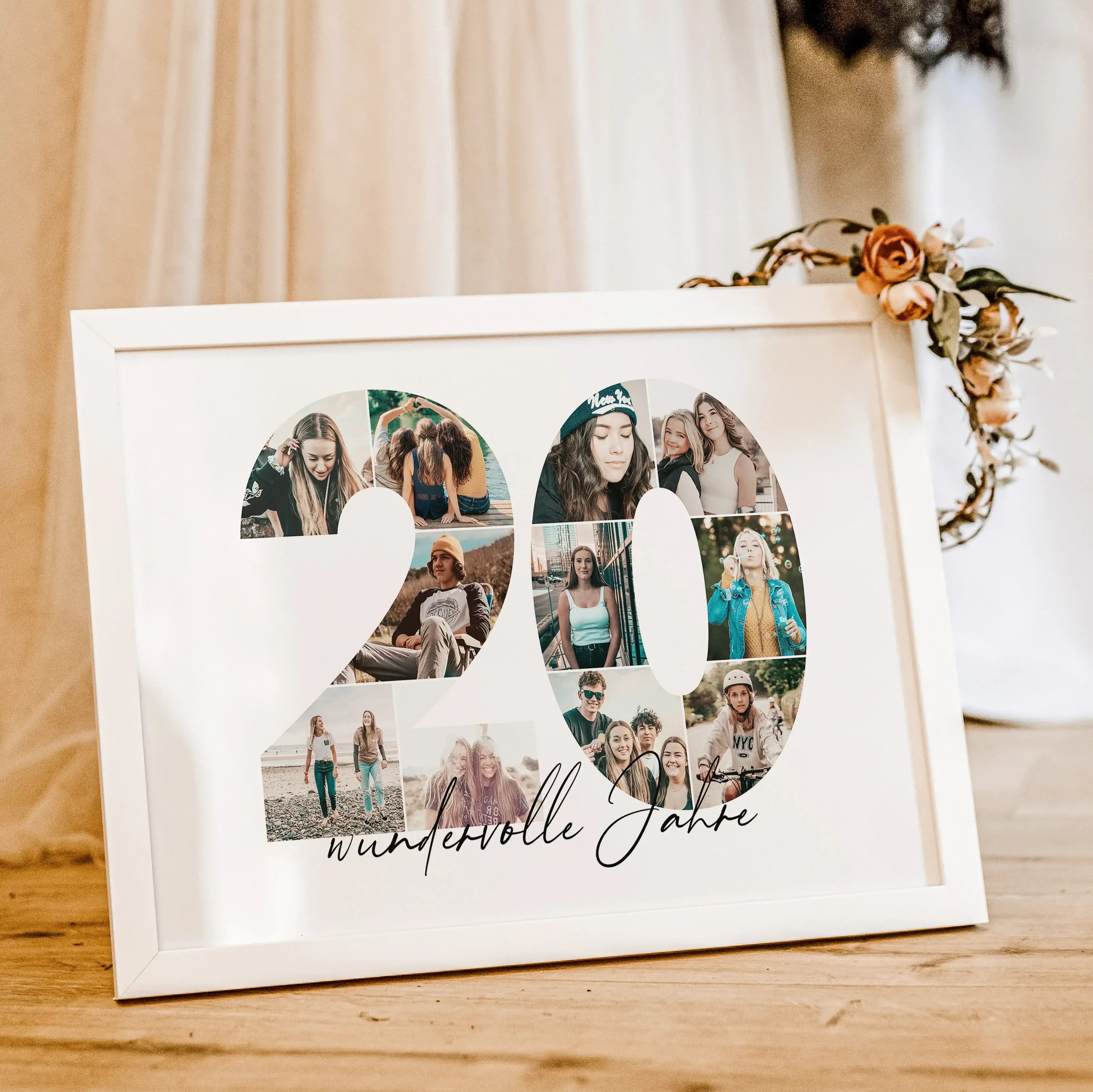 Foto Poster 20 Jahre - Personalisiertes Poster - famprints - Feiere besondere Momente mit unserem einzigartigen Foto Poster 20 – das perfekte personalisierte Geschenk für Geburtstage, Hochzeitstage oder Jubiläen! Die große Zahl „20“ auf dem Poster kannst