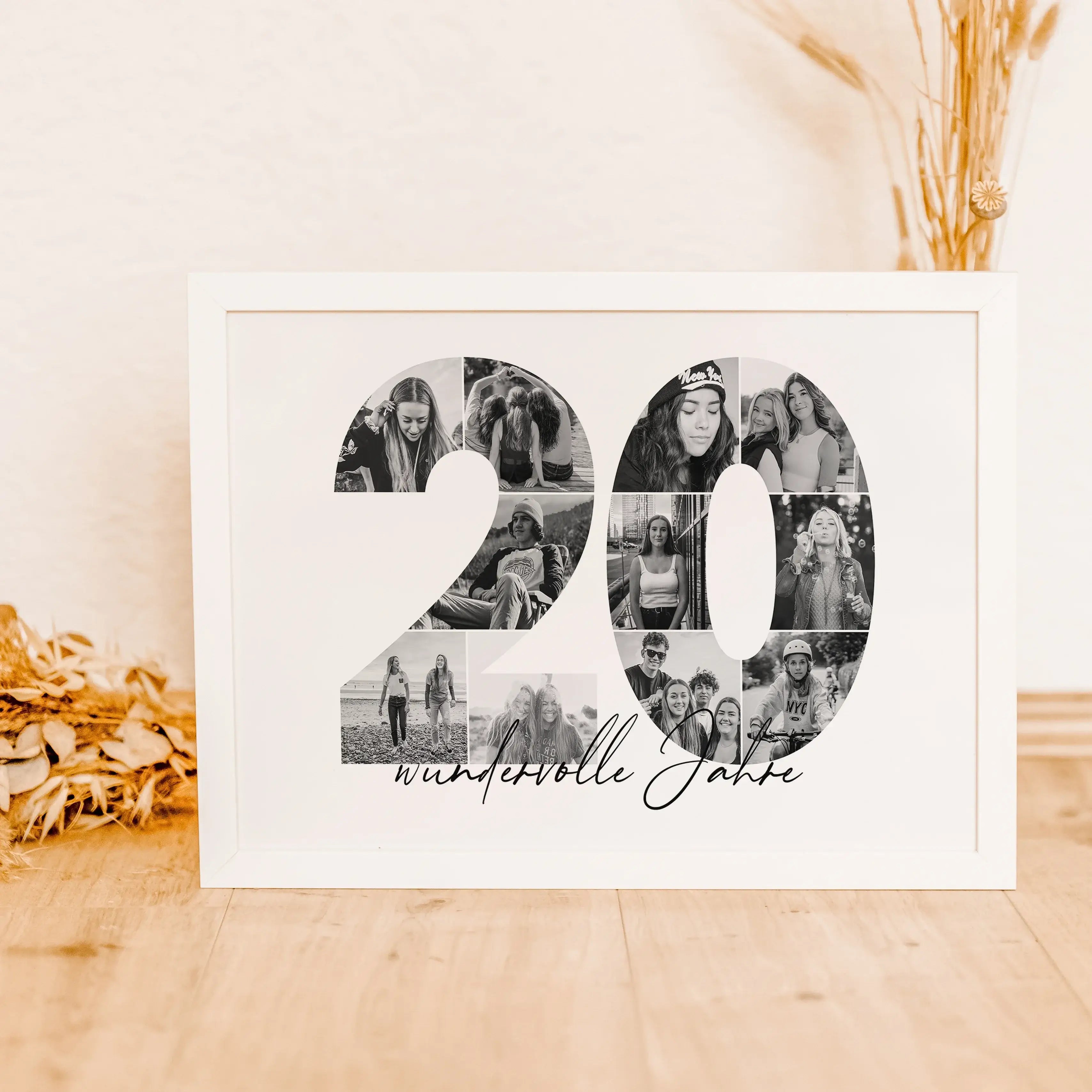 Foto Poster 20 Jahre - Personalisiertes Poster - famprints - Feiere besondere Momente mit unserem einzigartigen Foto Poster 20 – das perfekte personalisierte Geschenk für Geburtstage, Hochzeitstage oder Jubiläen! Die große Zahl „20“ auf dem Poster kannst