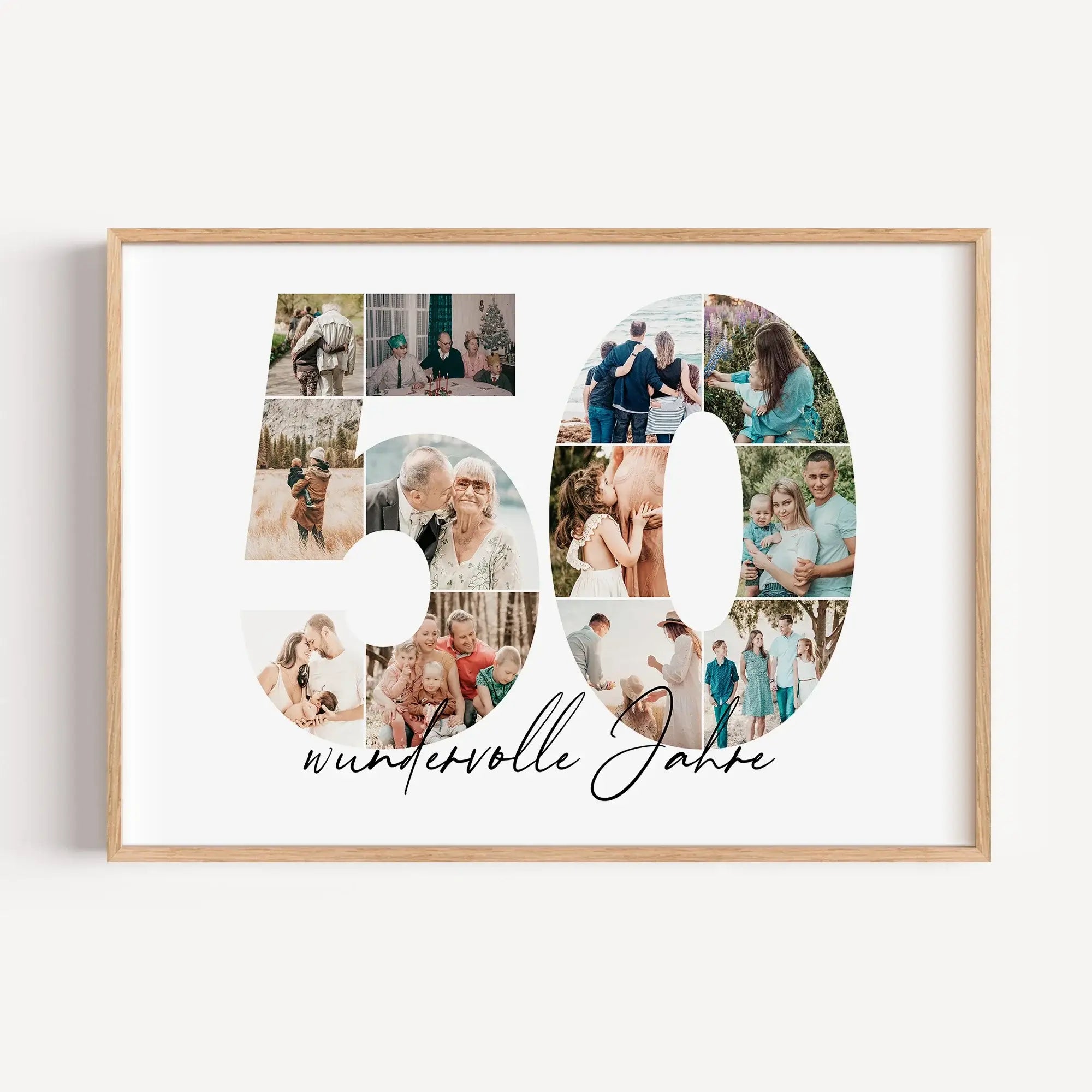 Foto Poster 50 Jahre - Personalisiertes Poster - famprints - Feiere besondere Momente mit unserem einzigartigen Foto Poster 50! Dieses hochwertige Fotoposter zeigt die Zahl 50, die du mit deinen persönlichen Fotos individuell gestalten kannst. So entsteht