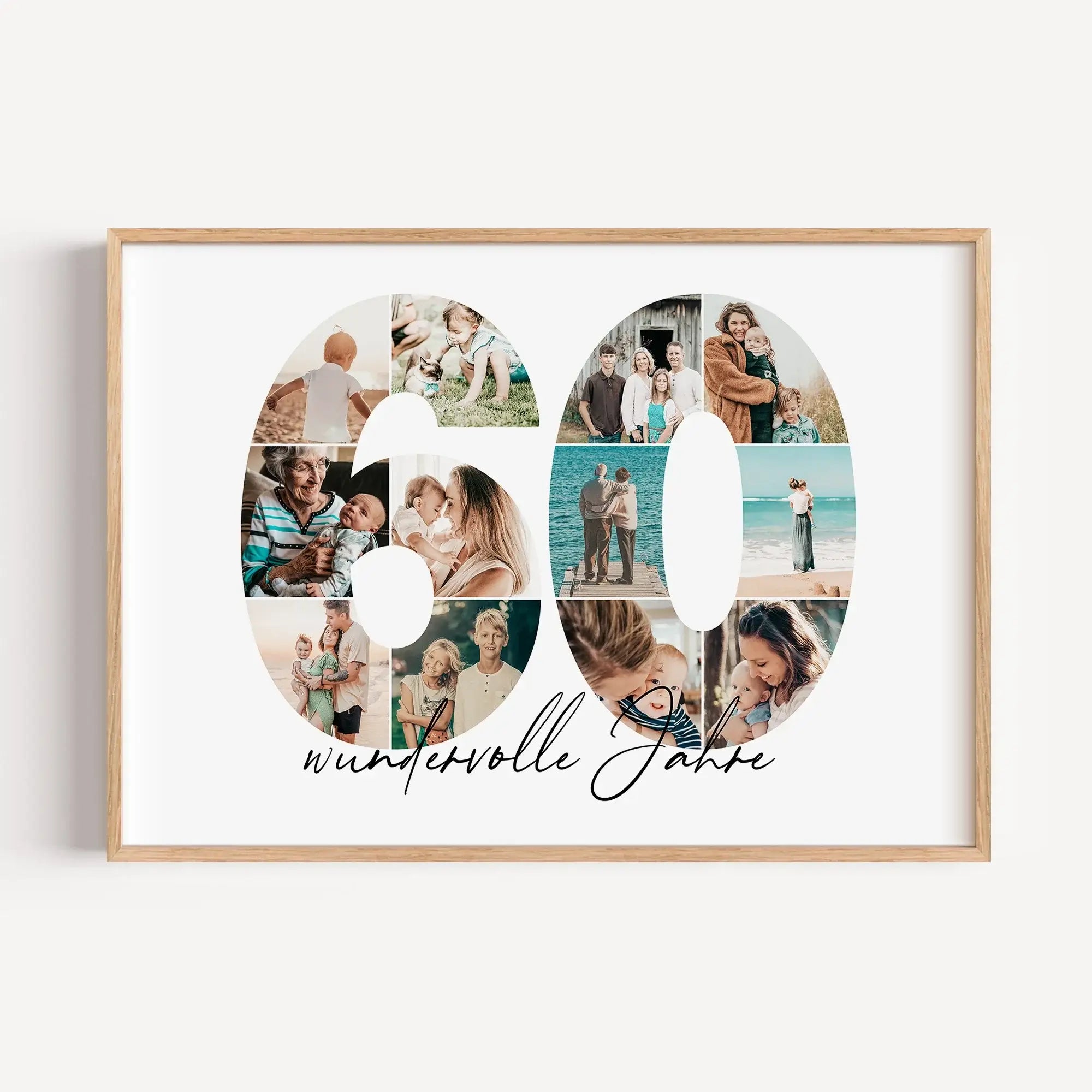 Foto Poster 60 Jahre - Personalisiertes Poster - famprints - Feiere besondere Momente mit unserem einzigartigen Foto Poster 60 – das perfekte personalisierte Geschenk zum 60. Geburtstag, Hochzeitstag oder Jubiläum! Die große „60“ auf dem Poster ist mit de