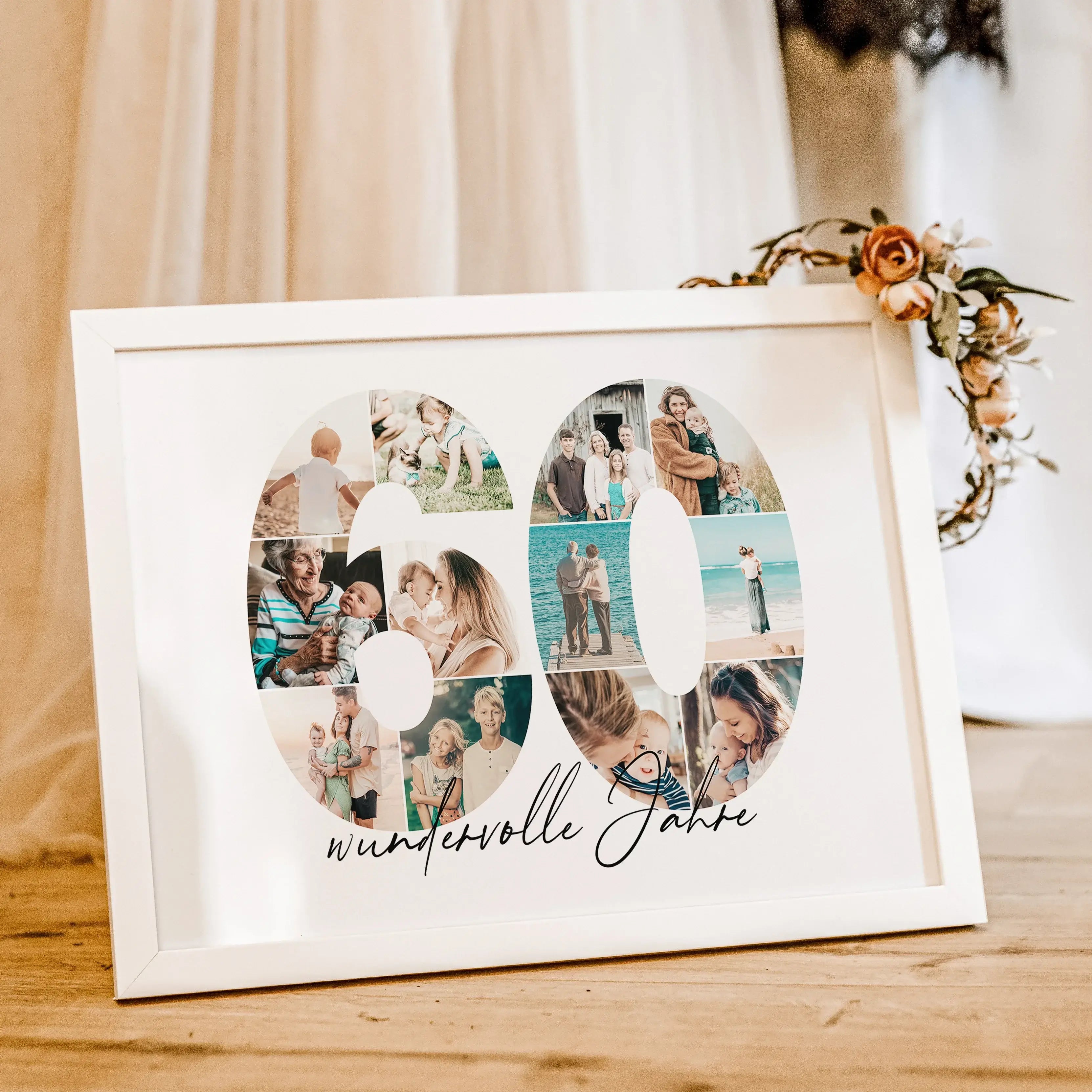 Foto Poster 60 Jahre - Personalisiertes Poster - famprints - Feiere besondere Momente mit unserem einzigartigen Foto Poster 60 – das perfekte personalisierte Geschenk zum 60. Geburtstag, Hochzeitstag oder Jubiläum! Die große „60“ auf dem Poster ist mit de