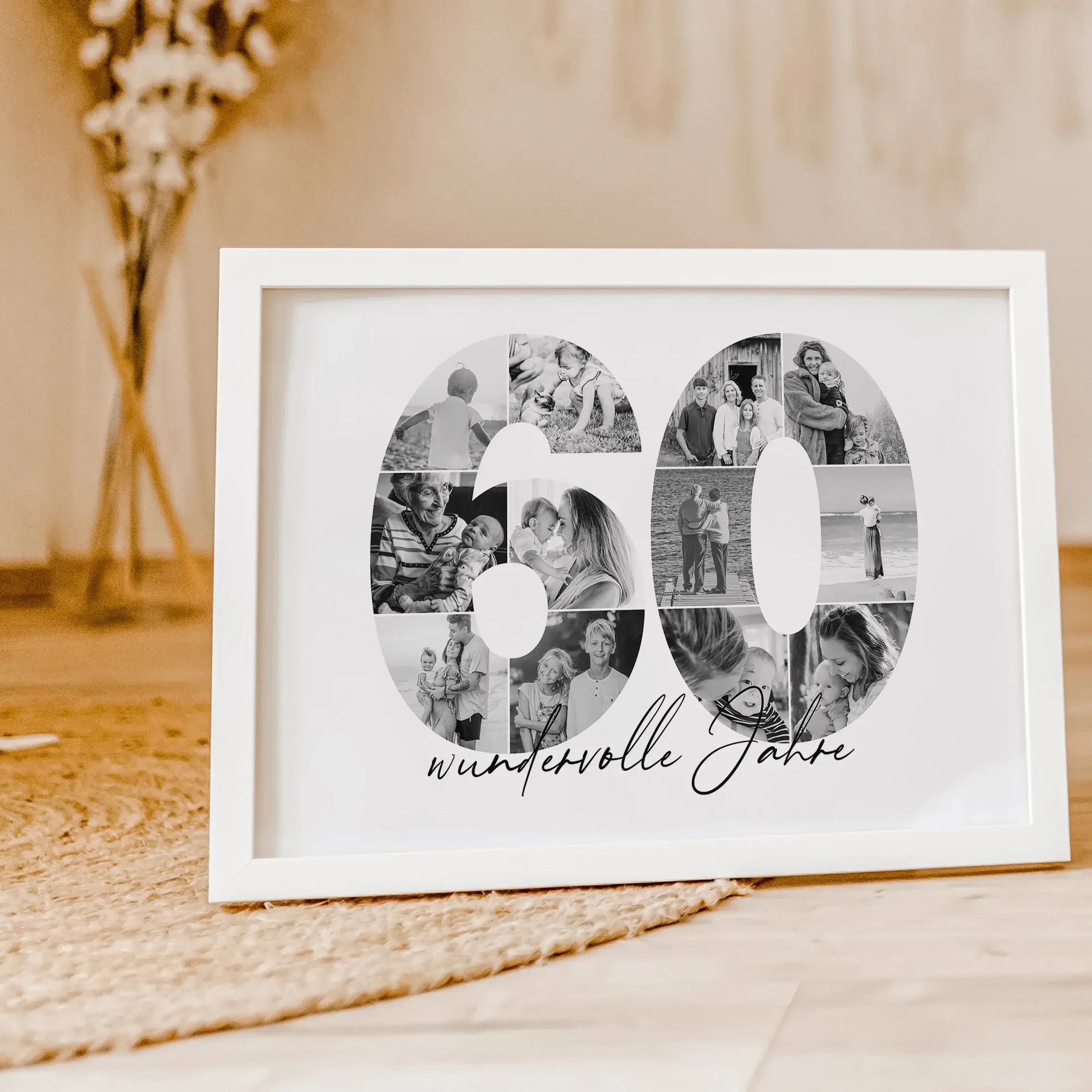 Foto Poster 60 Jahre - Personalisiertes Poster - famprints - Feiere besondere Momente mit unserem einzigartigen Foto Poster 60 – das perfekte personalisierte Geschenk zum 60. Geburtstag, Hochzeitstag oder Jubiläum! Die große „60“ auf dem Poster ist mit de