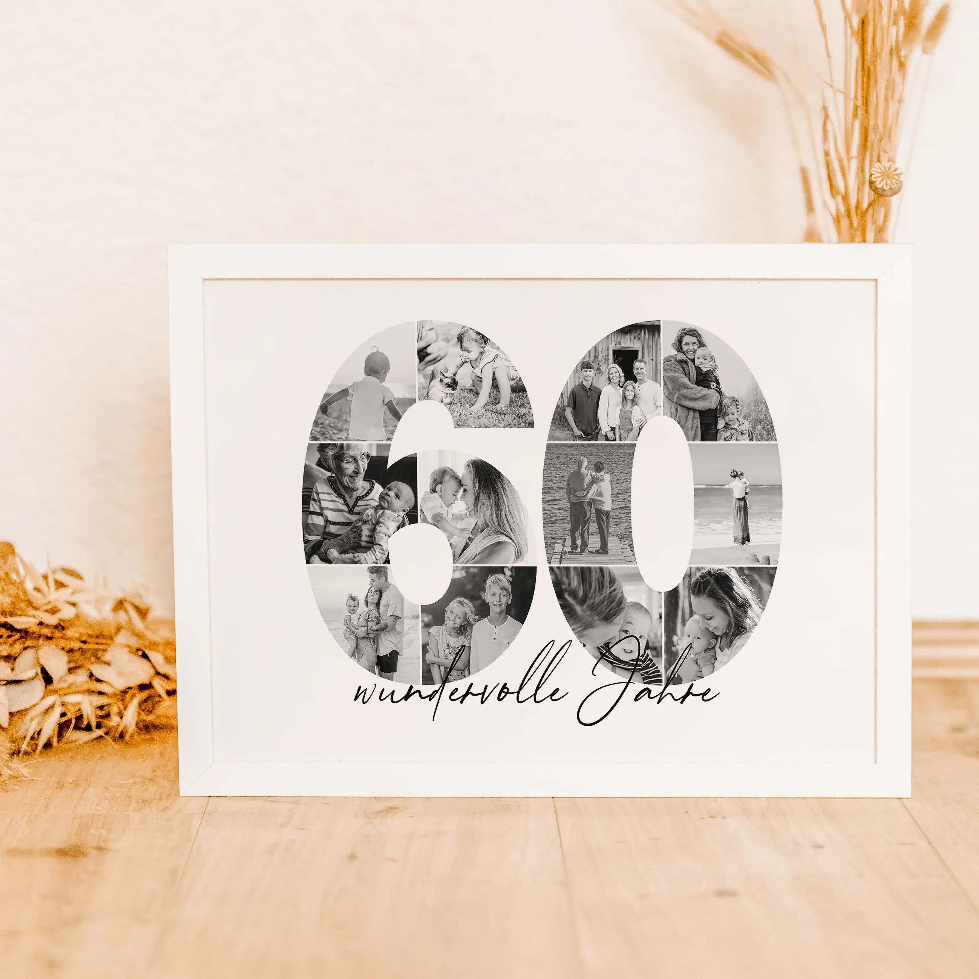 Foto Poster 60 Jahre - Personalisiertes Poster - famprints - Feiere besondere Momente mit unserem einzigartigen Foto Poster 60 – das perfekte personalisierte Geschenk zum 60. Geburtstag, Hochzeitstag oder Jubiläum! Die große „60“ auf dem Poster ist mit de