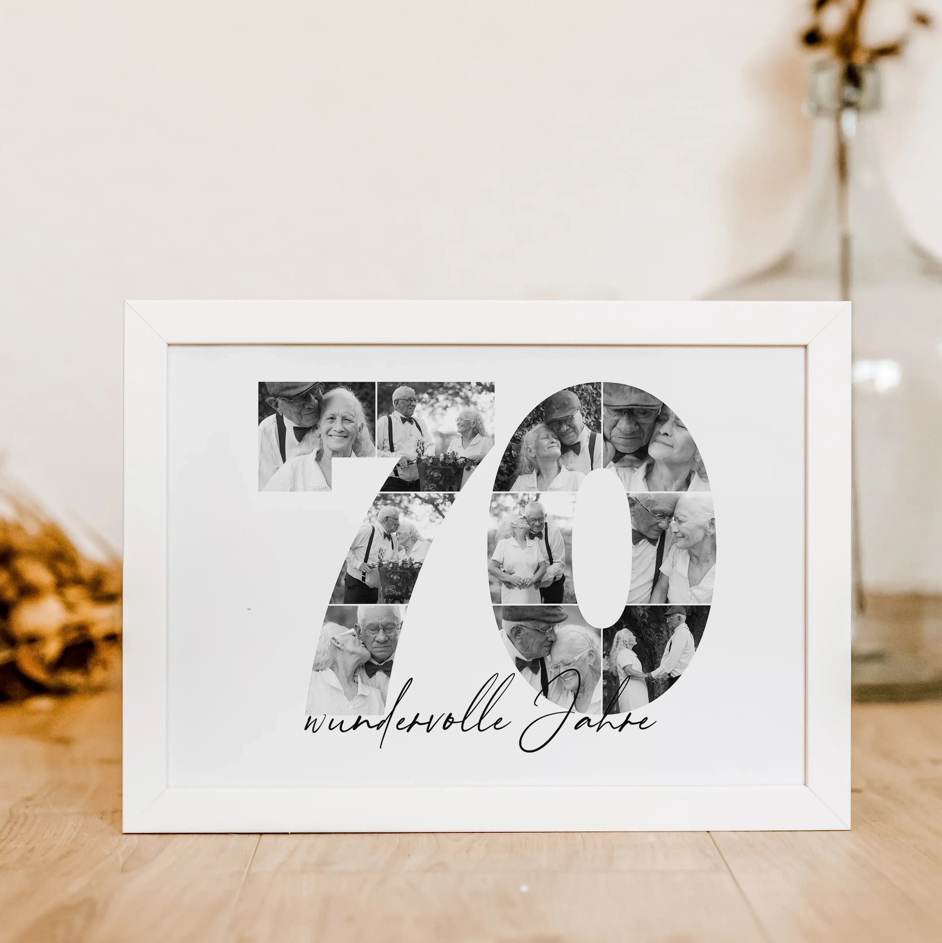 Foto Poster 70 Jahre - Personalisiertes Poster - famprints - Feiere besondere Momente mit unserem einzigartigen Foto Poster 70! Dieses personalisierte Poster zeigt die Zahl 70, hinterlegt mit deinen liebsten Fotos – so entsteht eine wunderschöne Fotocolla