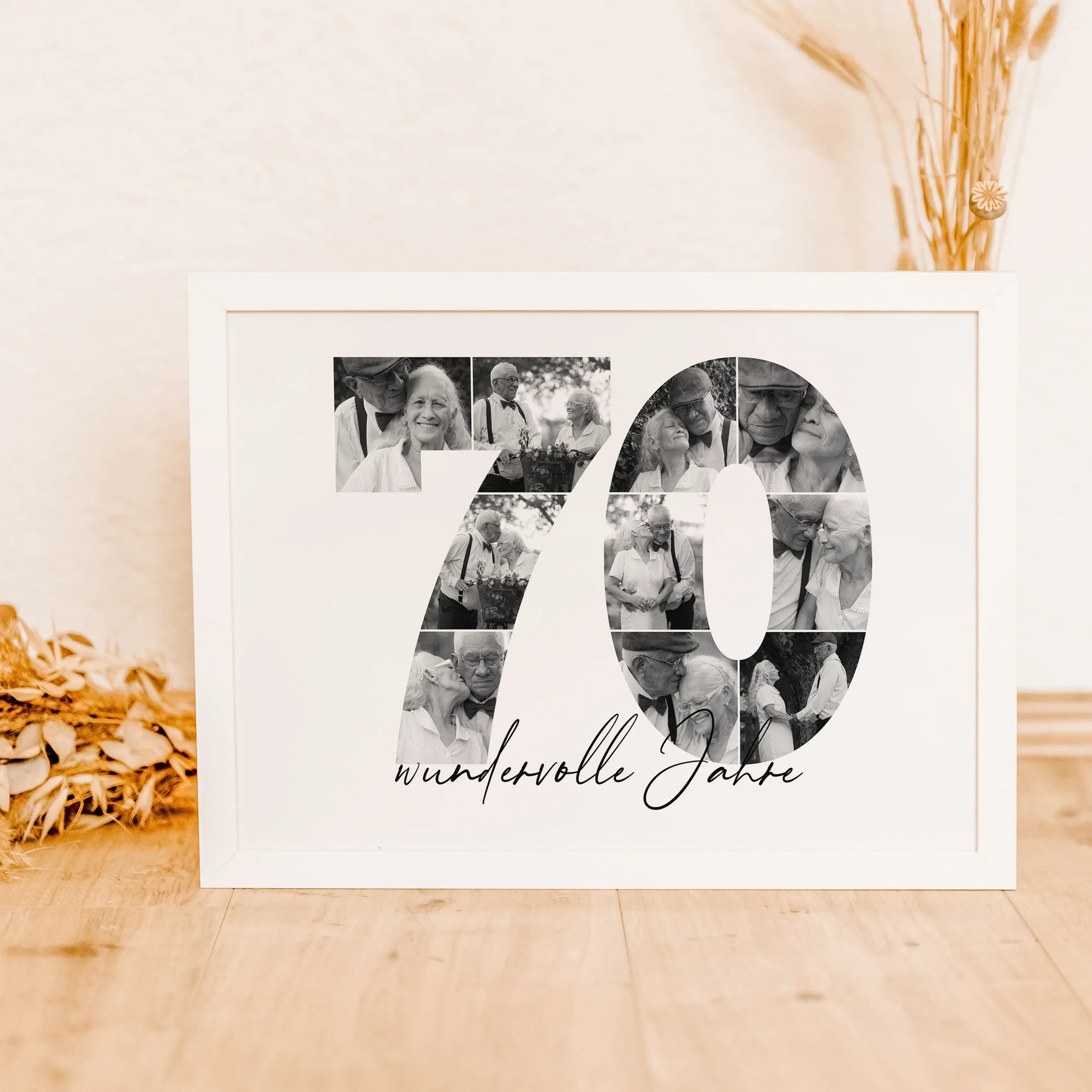 Foto Poster 70 Jahre - Personalisiertes Poster - famprints - Feiere besondere Momente mit unserem einzigartigen Foto Poster 70! Dieses personalisierte Poster zeigt die Zahl 70, hinterlegt mit deinen liebsten Fotos – so entsteht eine wunderschöne Fotocolla