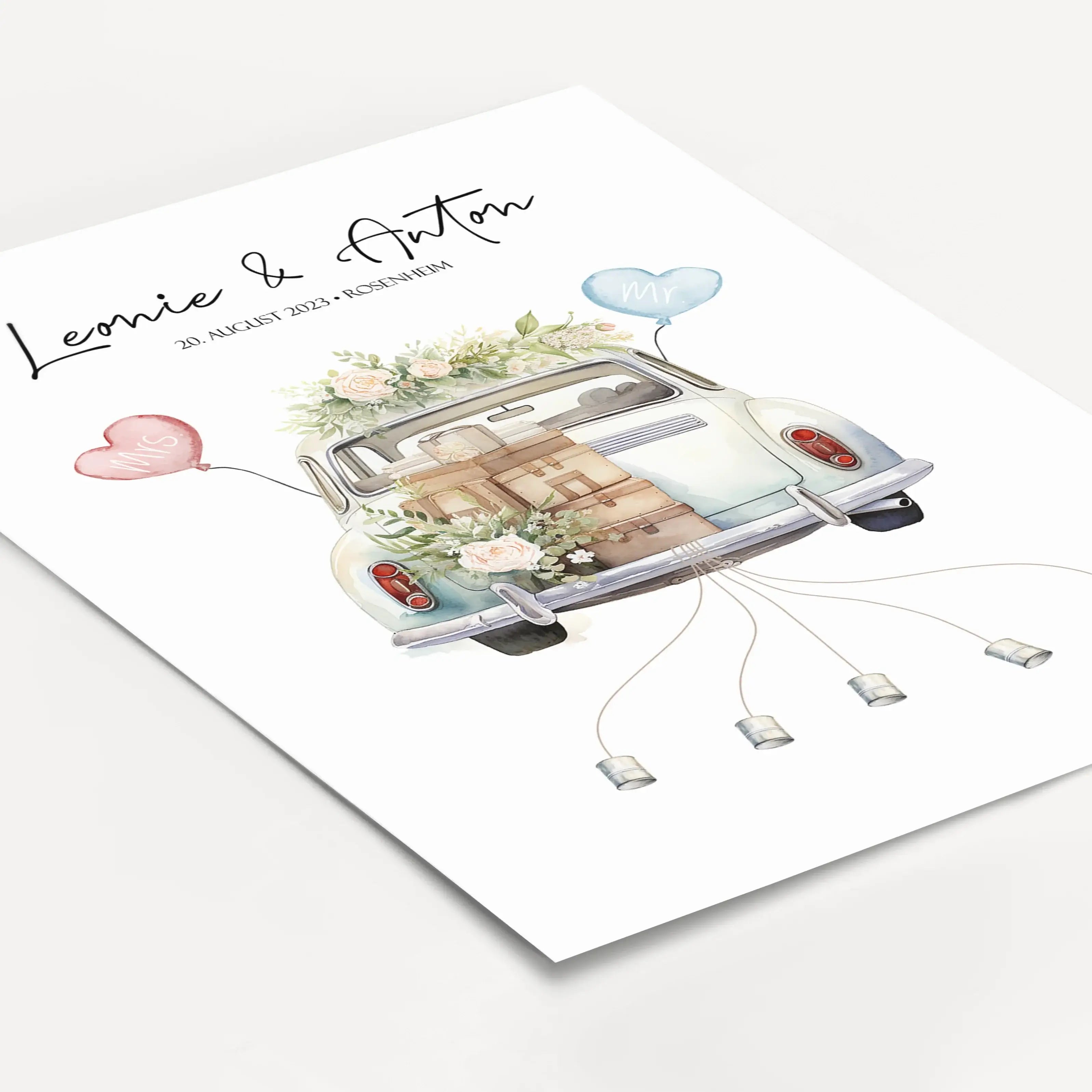 Wedding Car Poster-Personalisiertes Poster-famprints-Das Wedding Car Poster von famprints ist eine kreative Geschenkidee zur Hochzeit, die Persönlichkeit und Funktion verbindet. Im Mittelpunkt steht ein liebevoll illustriertes Hochzeitsauto, das individue