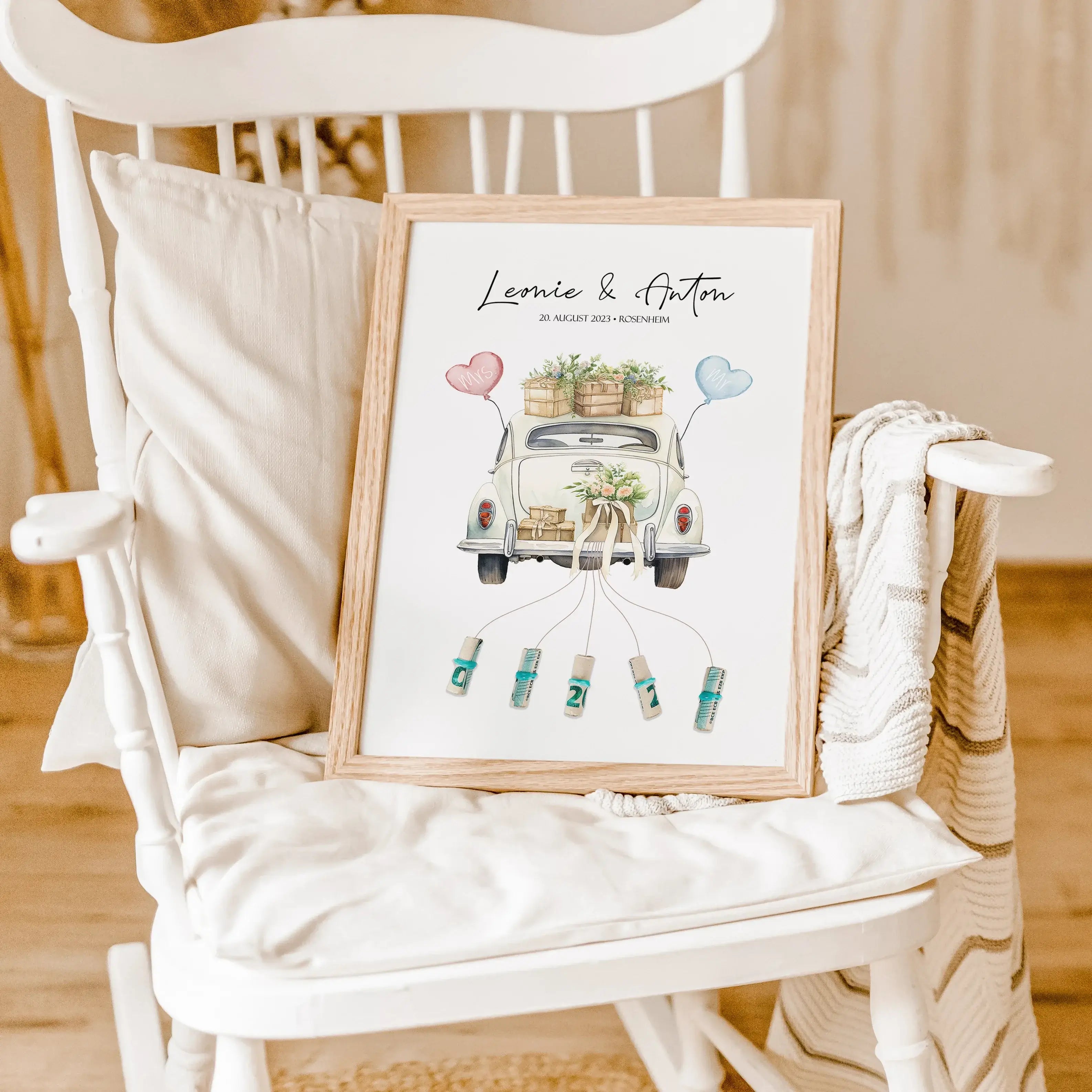 Wedding Car Poster - Personalisiertes Poster - famprints - Suchst du nach einem originellen und persönlichen Geschenk zur Hochzeit? Unser Wedding Car Poster ist die perfekte Idee, um dem Brautpaar eine besondere Freude zu machen! Das Poster zeigt ein lieb