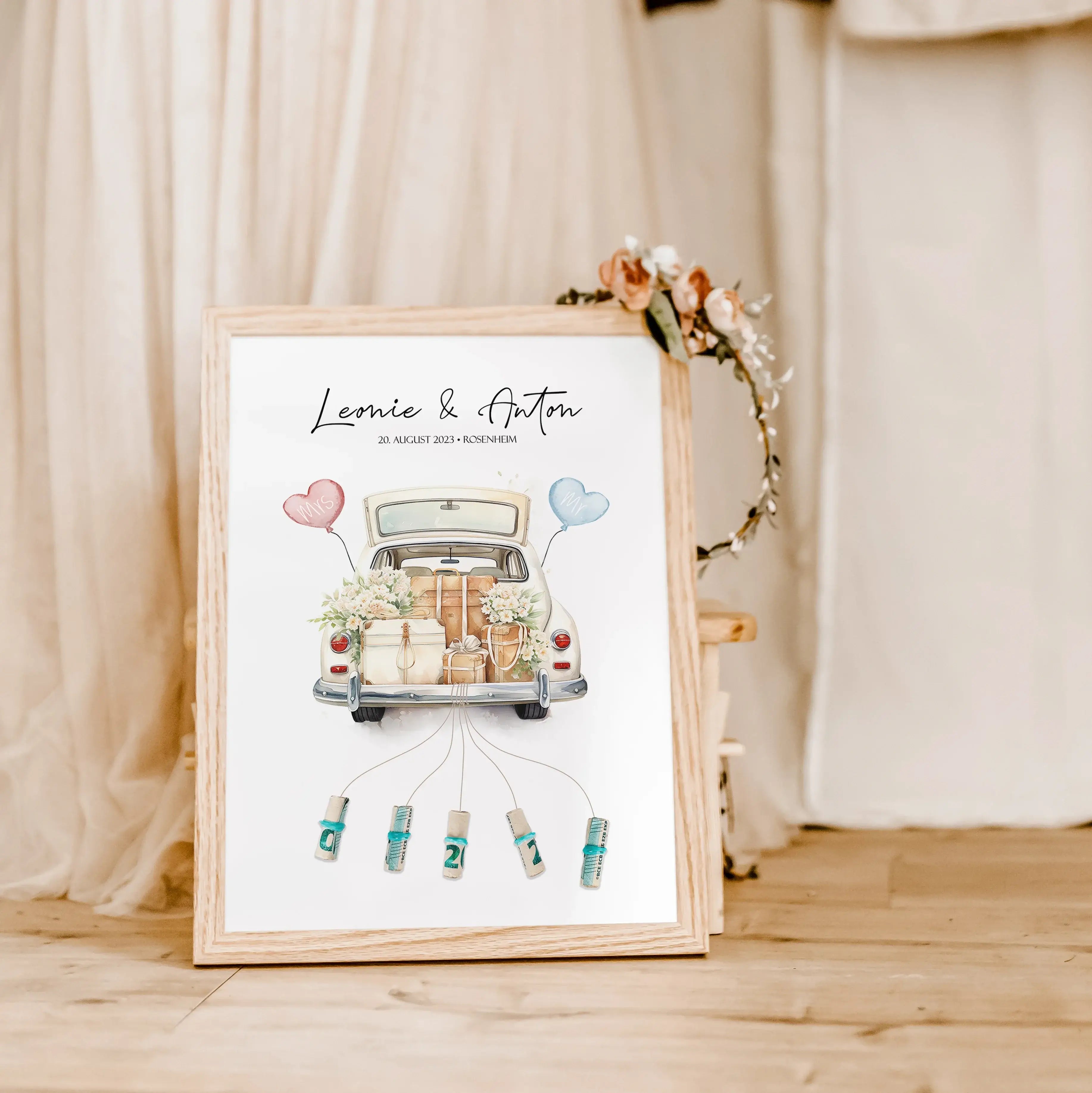 Wedding Car Poster - Personalisiertes Poster - famprints - Suchst du nach einem originellen und persönlichen Geschenk zur Hochzeit? Unser Wedding Car Poster ist die perfekte Idee, um dem Brautpaar eine besondere Freude zu machen! Das Poster zeigt ein lieb