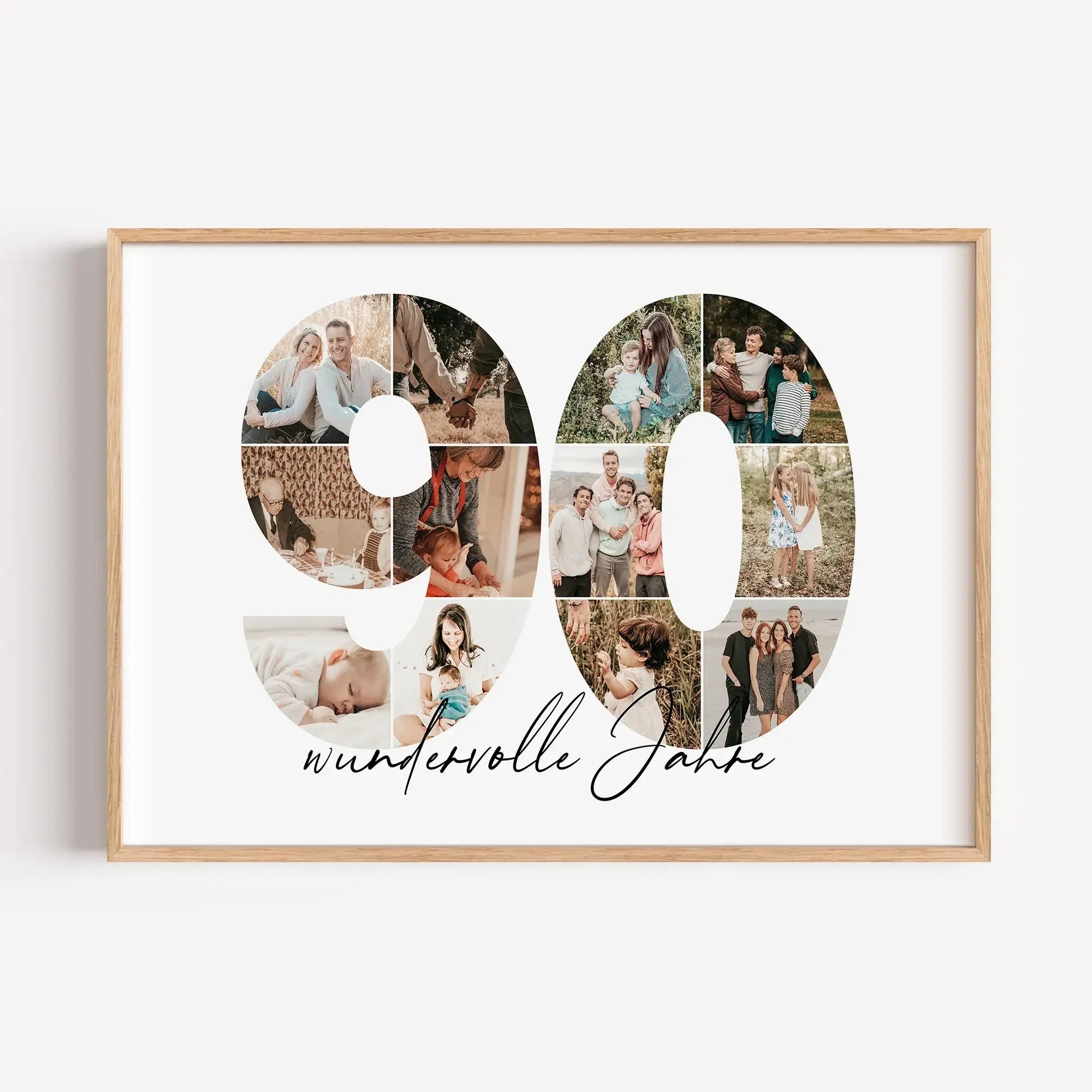 Foto Poster 90 Jahre - Personalisiertes Poster - famprints - Feiere besondere Momente mit unserem einzigartigen Foto Poster 90 – das perfekte Geschenk zum 90. Geburtstag, Hochzeitstag oder Jubiläum! Die Zahl „90“ wird mit deinen persönlichen Fotos zu eine