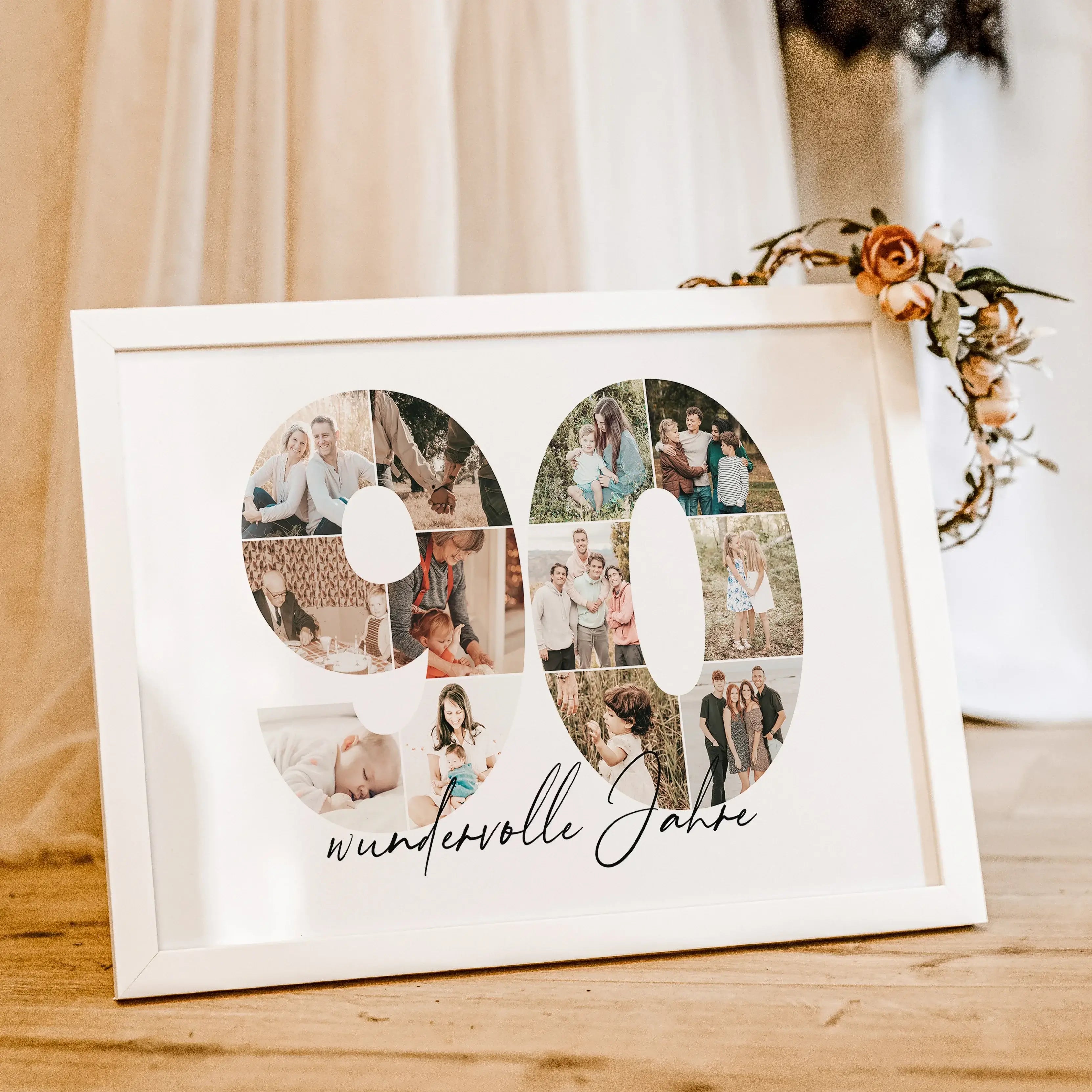 Foto Poster 90 Jahre - Personalisiertes Poster - famprints - Feiere besondere Momente mit unserem einzigartigen Foto Poster 90 – das perfekte Geschenk zum 90. Geburtstag, Hochzeitstag oder Jubiläum! Die Zahl „90“ wird mit deinen persönlichen Fotos zu eine