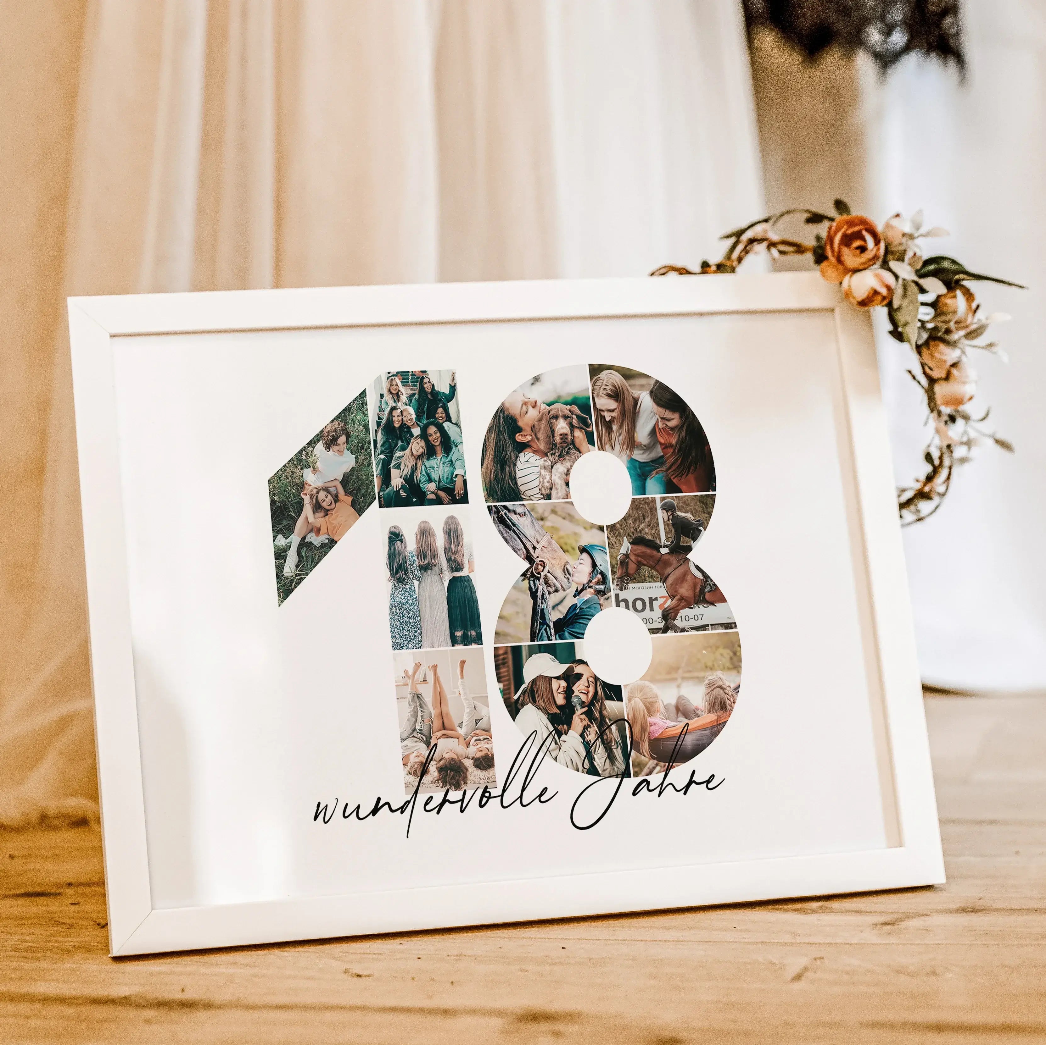 Foto Poster 18 Jahre - Personalisiertes Poster - famprints - Entdecke unser einzigartiges Foto Poster 18 – das perfekte personalisierte Geschenk für besondere Anlässe! Die große Zahl 18 wird mit deinen persönlichen Fotos zu einer beeindruckenden Fotocolla