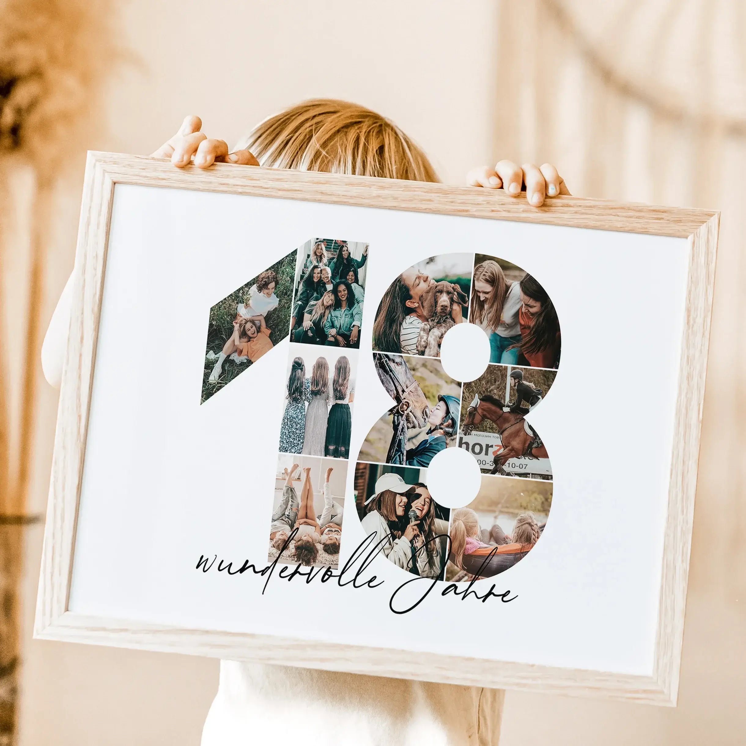 Foto Poster 18 Jahre - Personalisiertes Poster - famprints - Entdecke unser einzigartiges Foto Poster 18 – das perfekte personalisierte Geschenk für besondere Anlässe! Die große Zahl 18 wird mit deinen persönlichen Fotos zu einer beeindruckenden Fotocolla