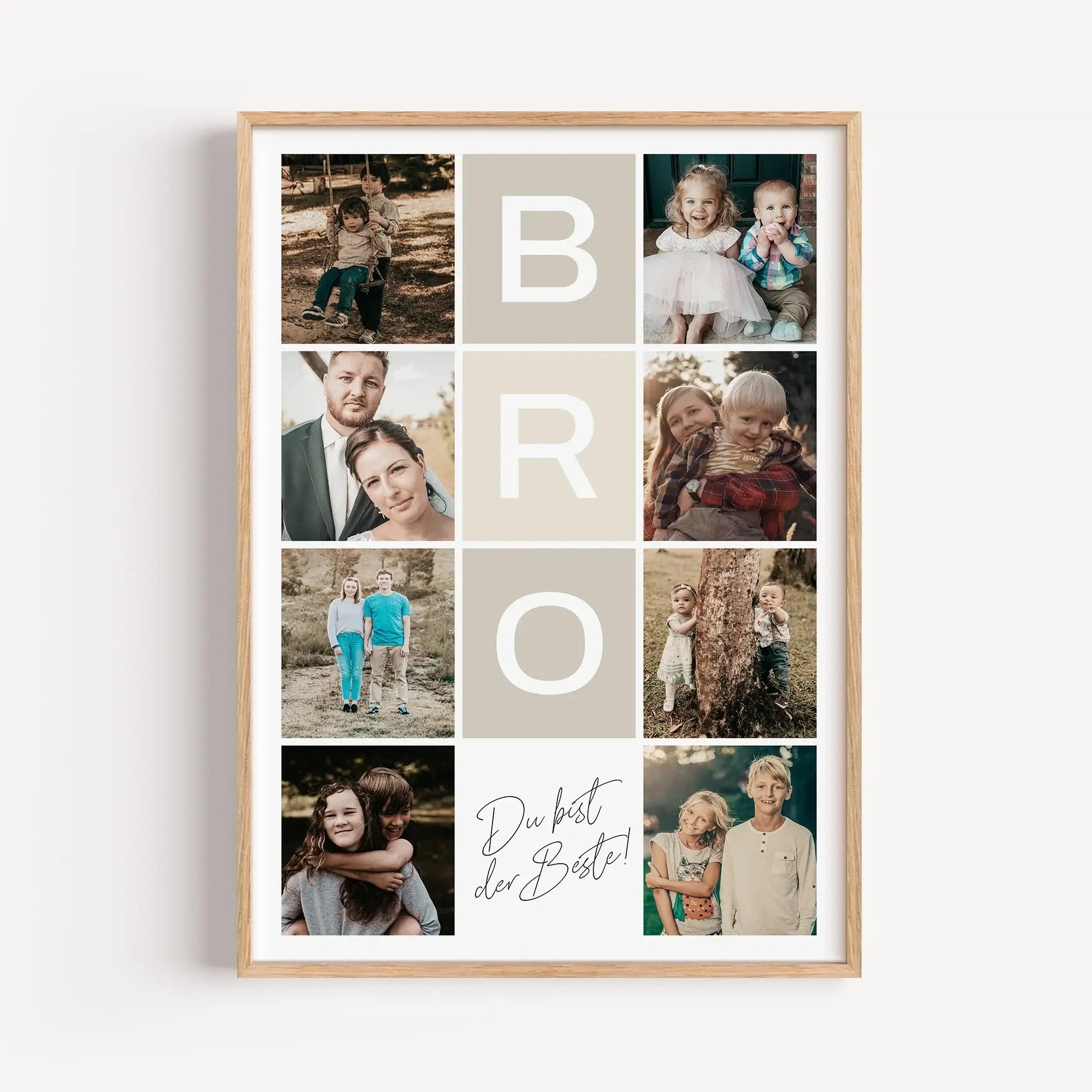 Bro Fotocollage - Personalisiertes Poster - famprints - Suchst du nach einem einzigartigen Geschenk für deinen Bruder? Die Bro Fotocollage ist die perfekte Wahl! Dieses personalisierte Poster kannst du mit bis zu 8 Fotos gestalten und so eure schönsten ge