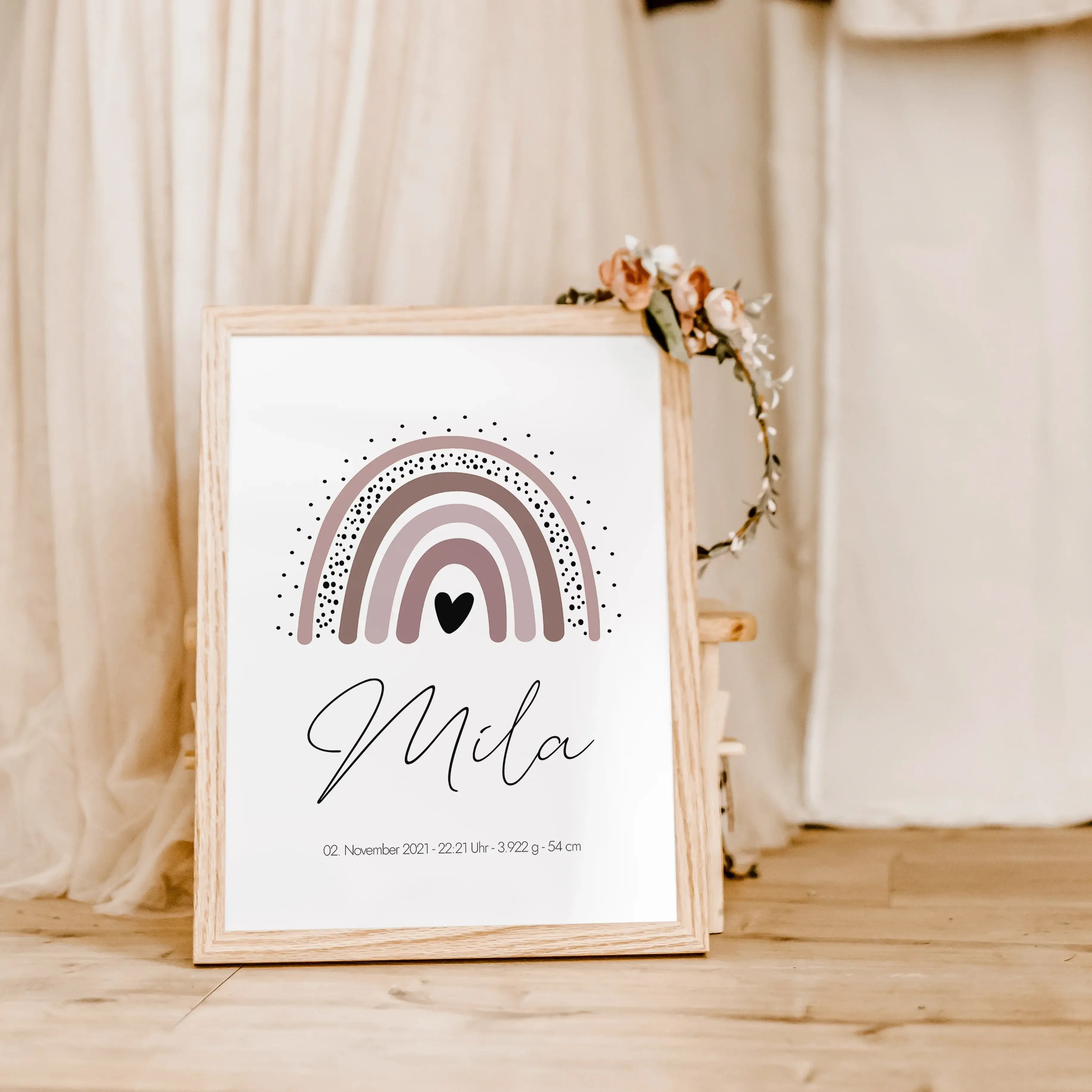 Regenbogen Poster-famprints-Personalisiertes Poster-Das wundervolle personalisierte Regenbogen Poster lässt sich mit allen relevanten Geburtsdaten personalisieren und schmückt jede Kinderzimmer Wand. Das Geburtsposter kannst du mit deinem Wunschtext perso