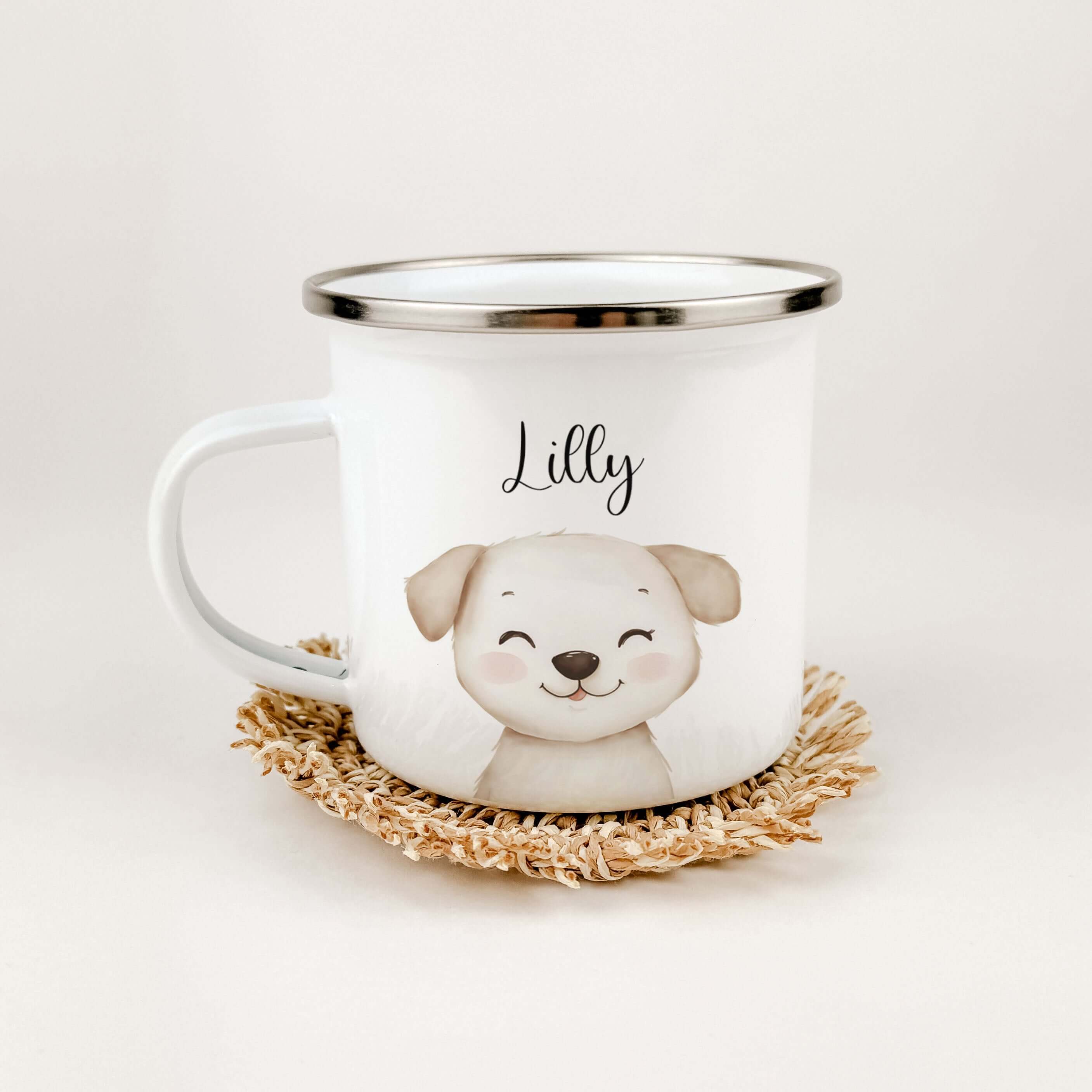 Emaille Tasse Hund Portrait-famprints-Emaille Tasse-Entdecke unsere einzigartige Emaille Tasse Hund Portrait – das perfekte personalisierte Geschenk für jedes Kind. Mit einer Füllmenge von 300 ml ist dieser Emaille Becher nicht nur stilvoll, sondern auch