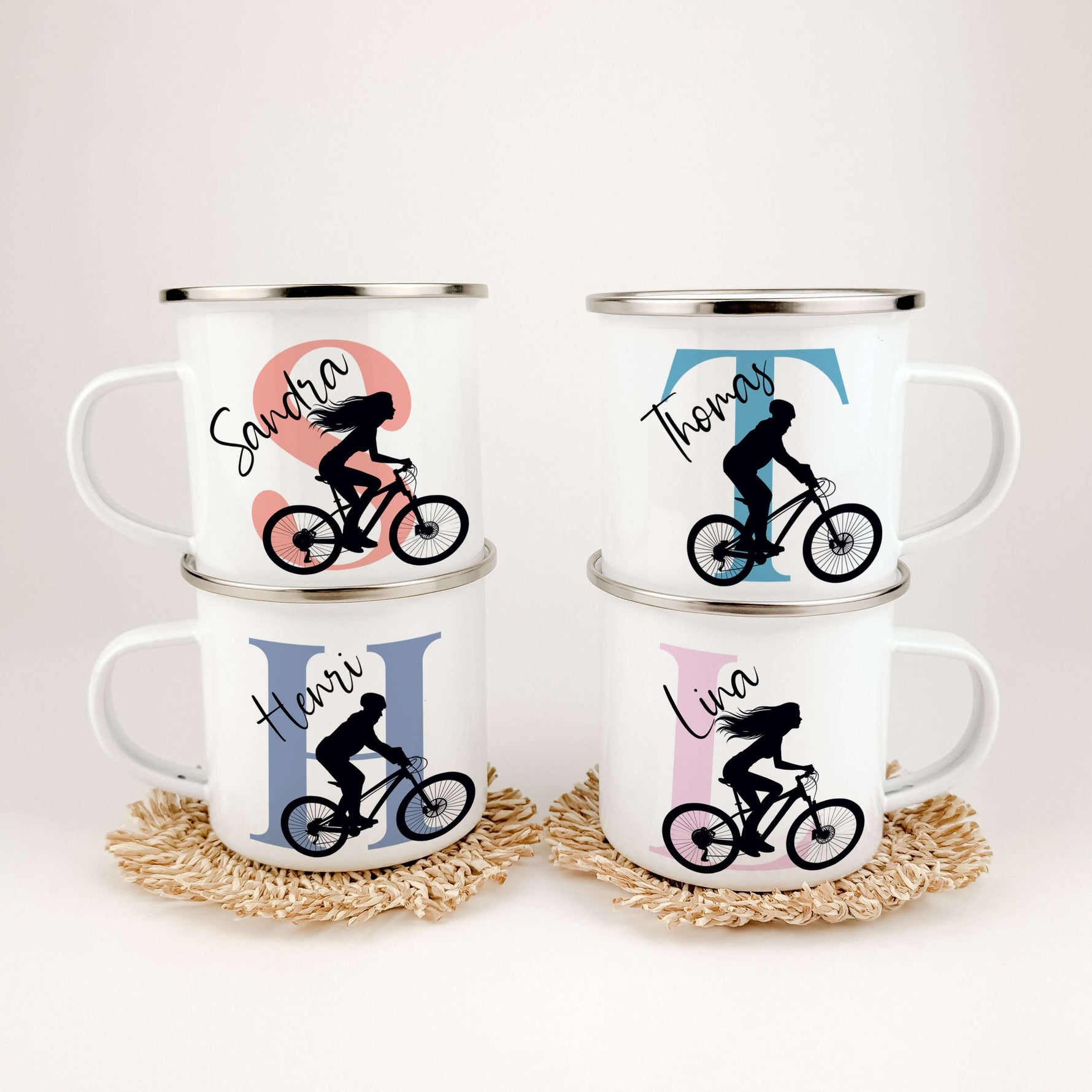 Emaille Tasse mit Namen Fahrrad-famprints-Emaille Tasse-Entdecke die Emaille Tasse mit Namen Fahrrad – dein perfekter Begleiter für jeden Tag! Mit einem Fassungsvermögen von 300 ml und einem Gewicht von nur 134 g ist sie leicht und handlich, ideal für unt