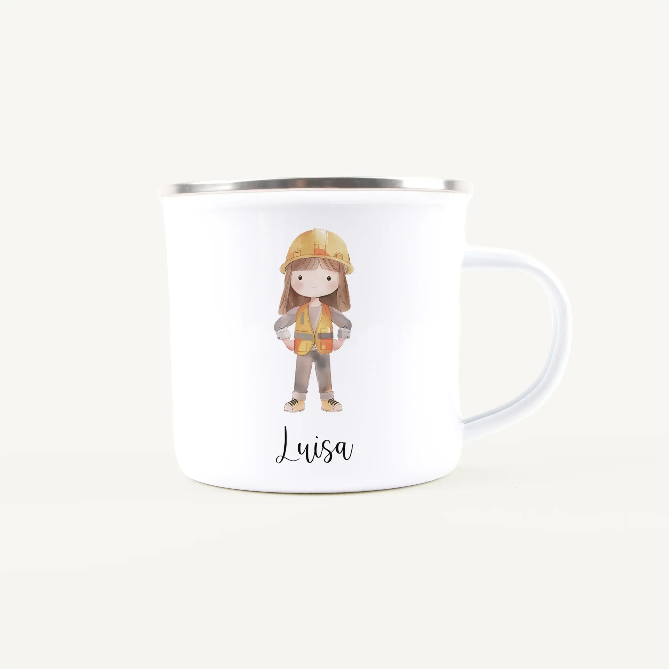 Emaille Tasse Bauarbeiterin-Emaille Tasse-famprints-Die Emaille Tasse Bauarbeiterin von famprints ist ein liebevoll gestaltetes Geschenk für Kinder, die Baustellen, Fahrzeuge und kreative Rollenspiele lieben. Das detailreiche Motiv zeigt eine fröhliche Ba