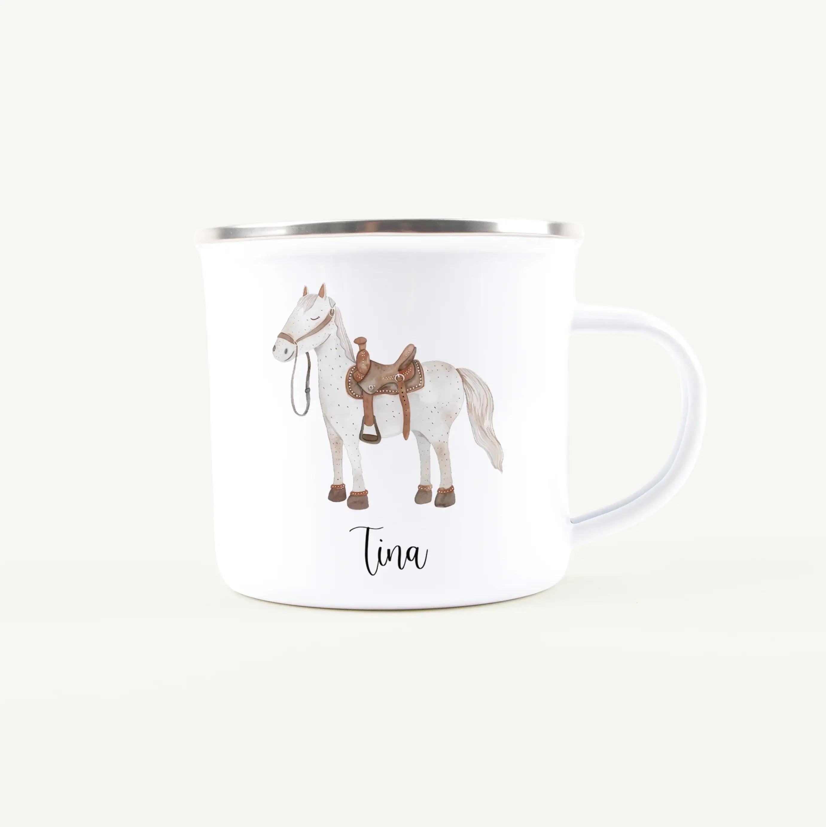 Emaille Tasse Pferd-Emaille Tasse-famprints-Entdecke die zauberhafte Emaille Tasse mit einem süßen Pferd, die nicht nur praktisch ist, sondern auch ein Stückchen Freude in den Alltag deines Kindes bringt. Diese personalisierte Tasse wird mit Liebe für dic