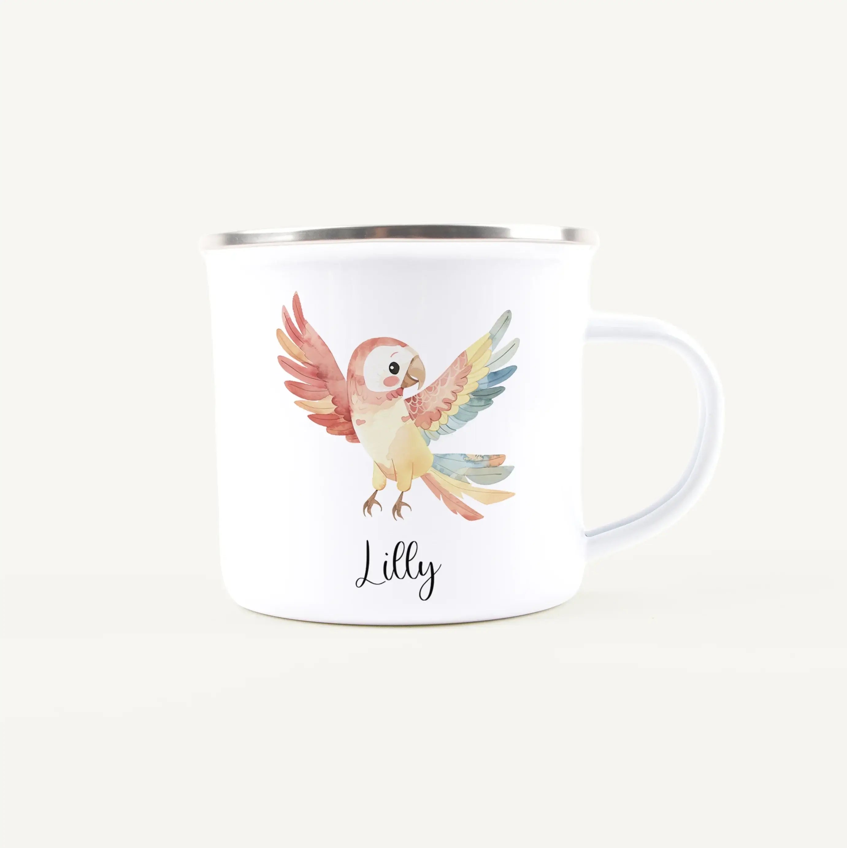 Emaille Tasse Papagei-Emaille Tasse-famprints-Die Emaille Tasse Papagei von famprints verbindet persönliches Design mit liebevoller Herstellung und wird so zu einem Geschenk, das Geschichten erzählt. Der farbenfrohe Papagei im Aquarellstil wirkt lebendig