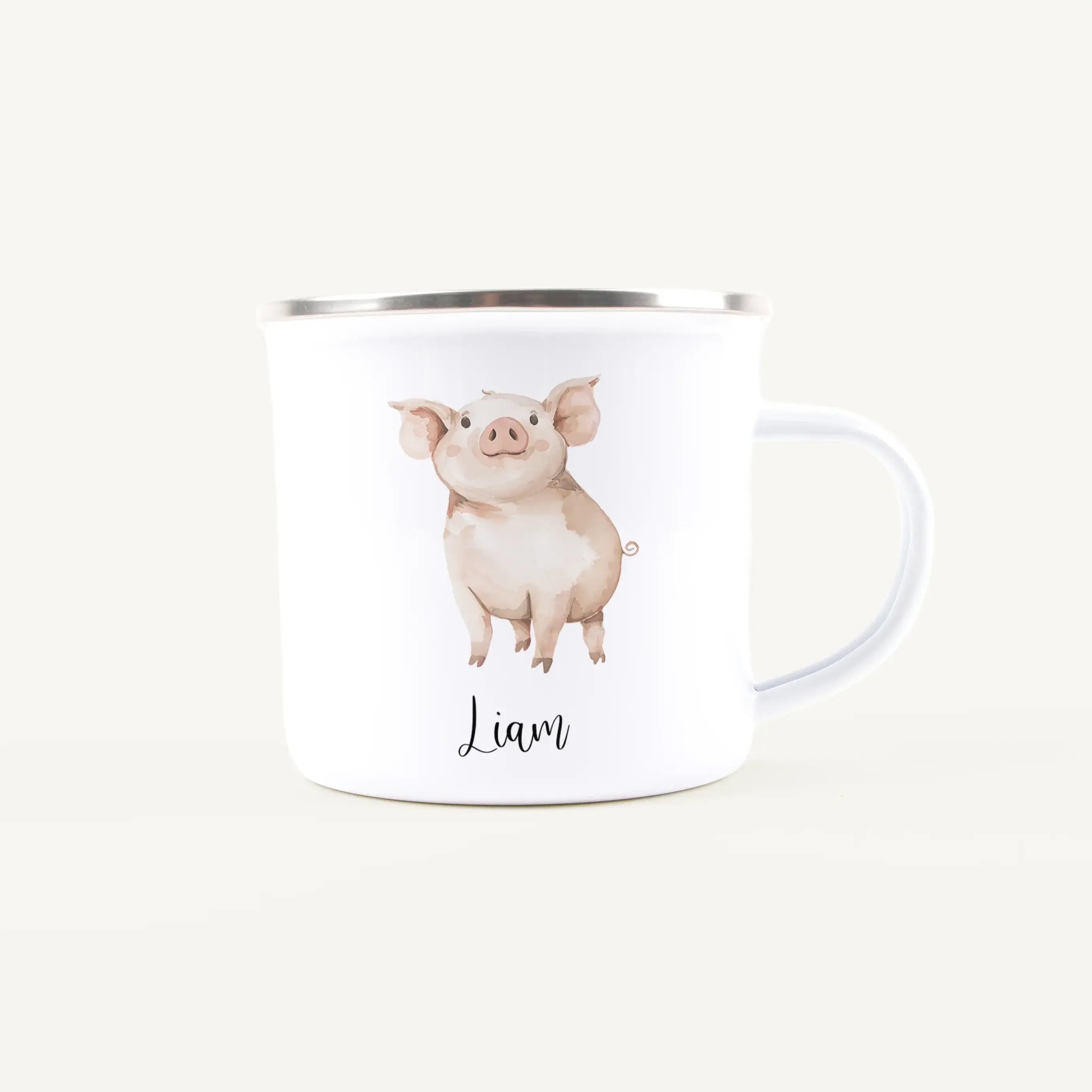 Emaille Tasse Schwein-Emaille Tasse-famprints-Die Emaille Tasse Schwein von famprints ist ein liebevoll gestaltetes Trinkgefäß für Kinder, das Alltag und Geschenkidee perfekt verbindet. Das fröhliche Schweinchen-Motiv spricht kleine Tierfreunde sofort an