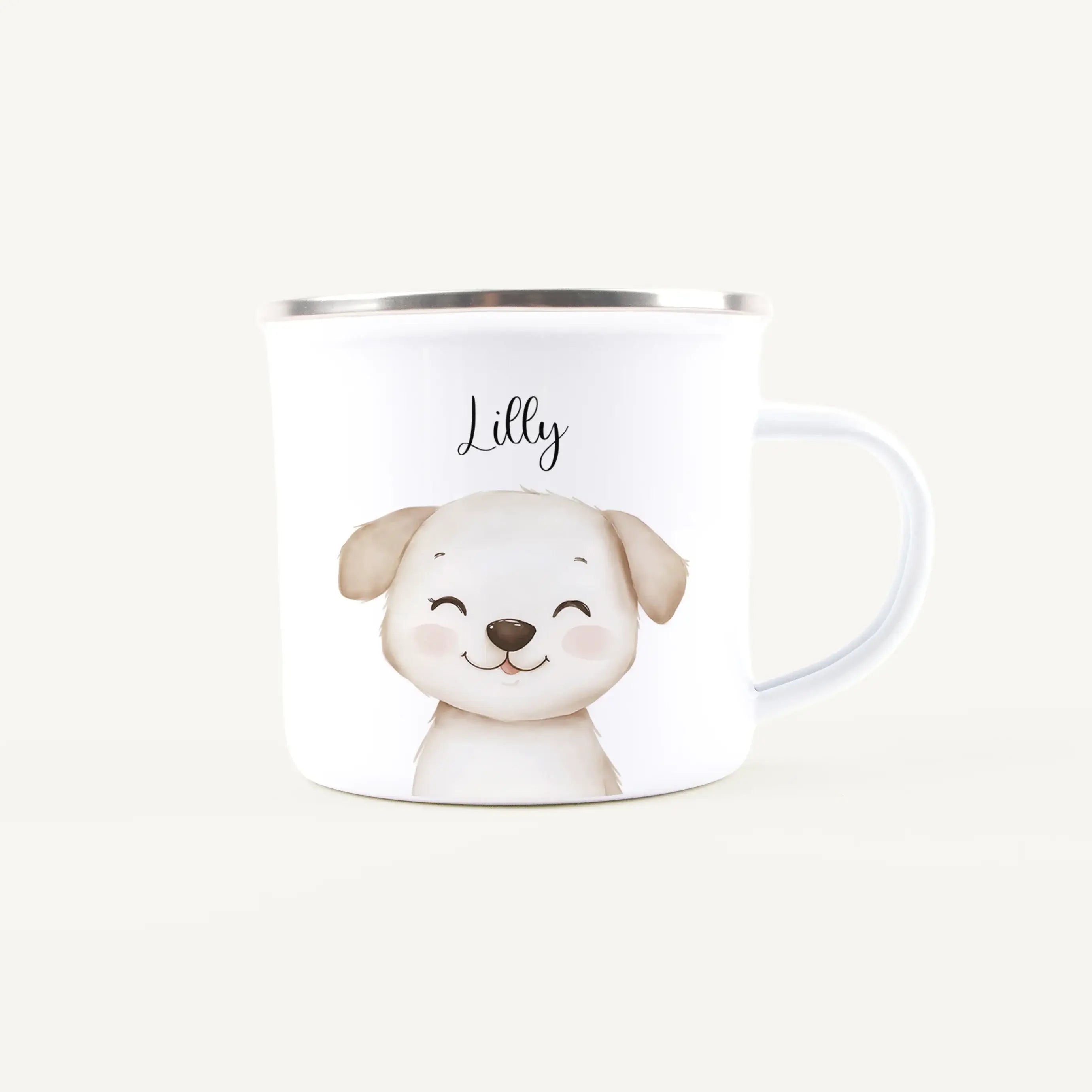 Emaille Tasse Hund Portrait-Emaille Tasse-famprints-Die Emaille Tasse Hund Portrait von famprints ist genau das Richtige für alle, die Hunde lieben und personalisierte Produkte mit Charakter suchen. Das Motiv zeigt einen liebevoll digital gemalten Hund im