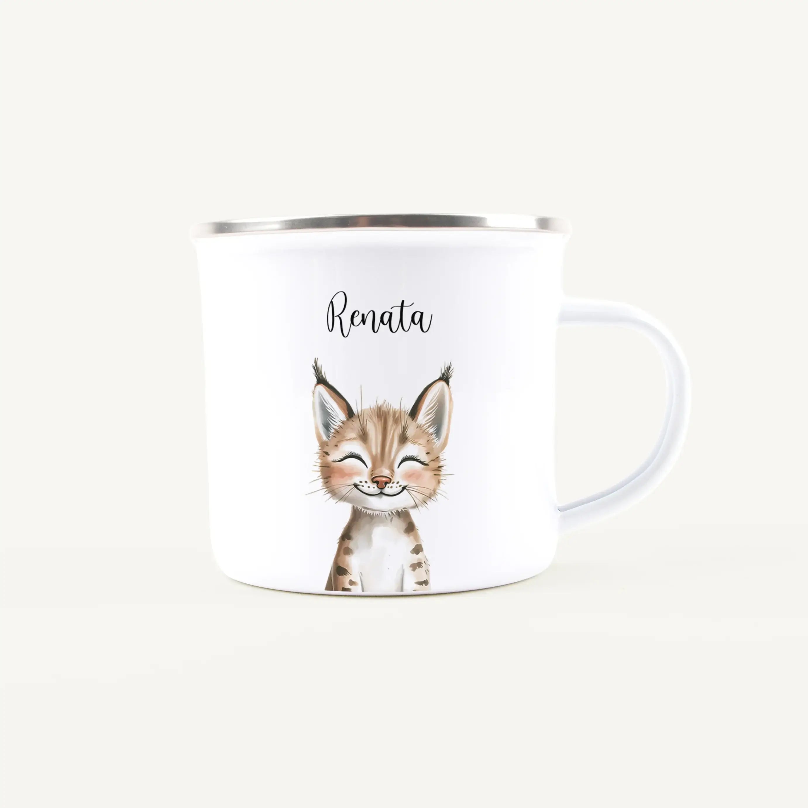Emaille Tasse Luchs Portrait-Emaille Tasse-famprints-Die Emaille Tasse Luchs Portrait von famprints ist ein liebevoll gestalteter Becher für alle, die Tiere, Naturmotive und persönliche Geschenke schätzen. Das detailreiche Luchs-Motiv im Aquarell-Stil mac