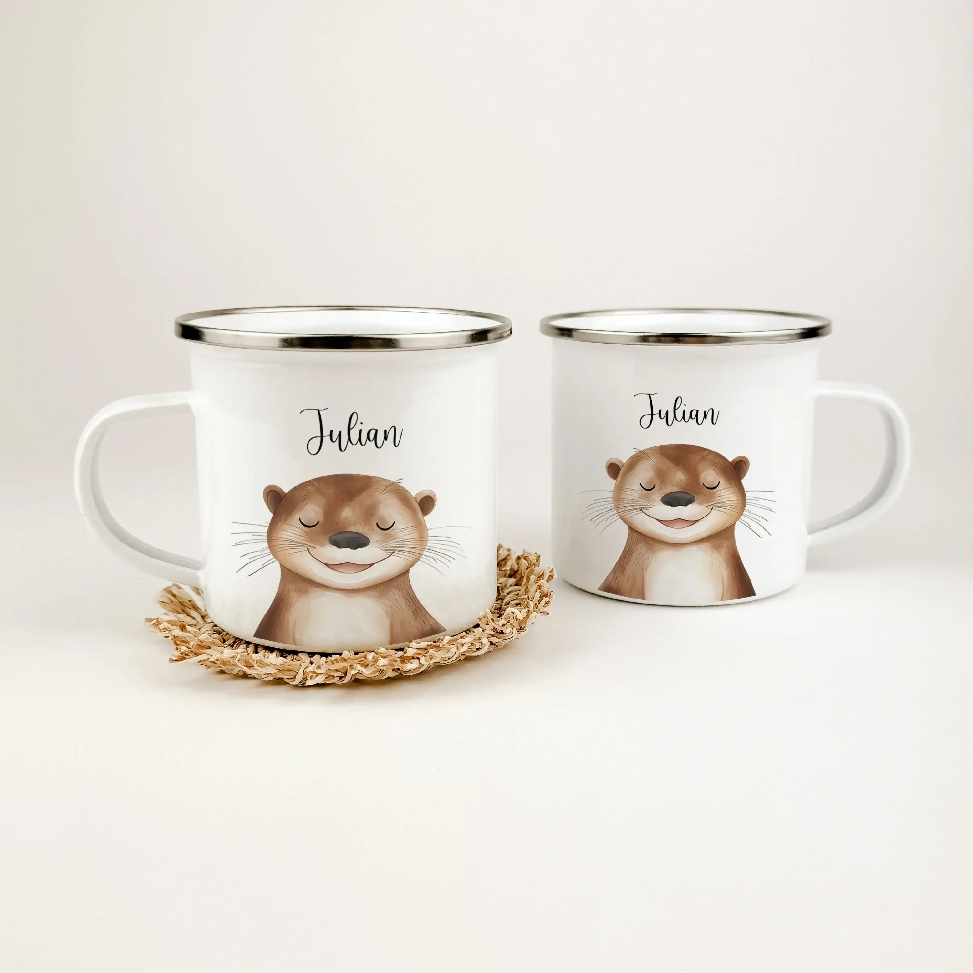 Emaille Tasse Otter Portrait-famprints-Emaille Tasse-Entdecke die einzigartige Emaille Tasse Otter Portrait – das perfekte personalisierte Geschenk für Kinder! Egal ob zur Einschulung, Taufe, zu Ostern, Weihnachten oder zum Geburtstag, dieser bezaubernde