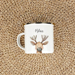 Emaille Tasse Rentier Portrait-famprints-Emaille Tasse-Entdecke die zauberhafte Emaille Tasse Rentier Portrait – das perfekte personalisierte Geschenk für kleine Tierfreunde! Mit einem liebevoll gestalteten Rentier in Aquarell-Optik wird jede Emaille Tass