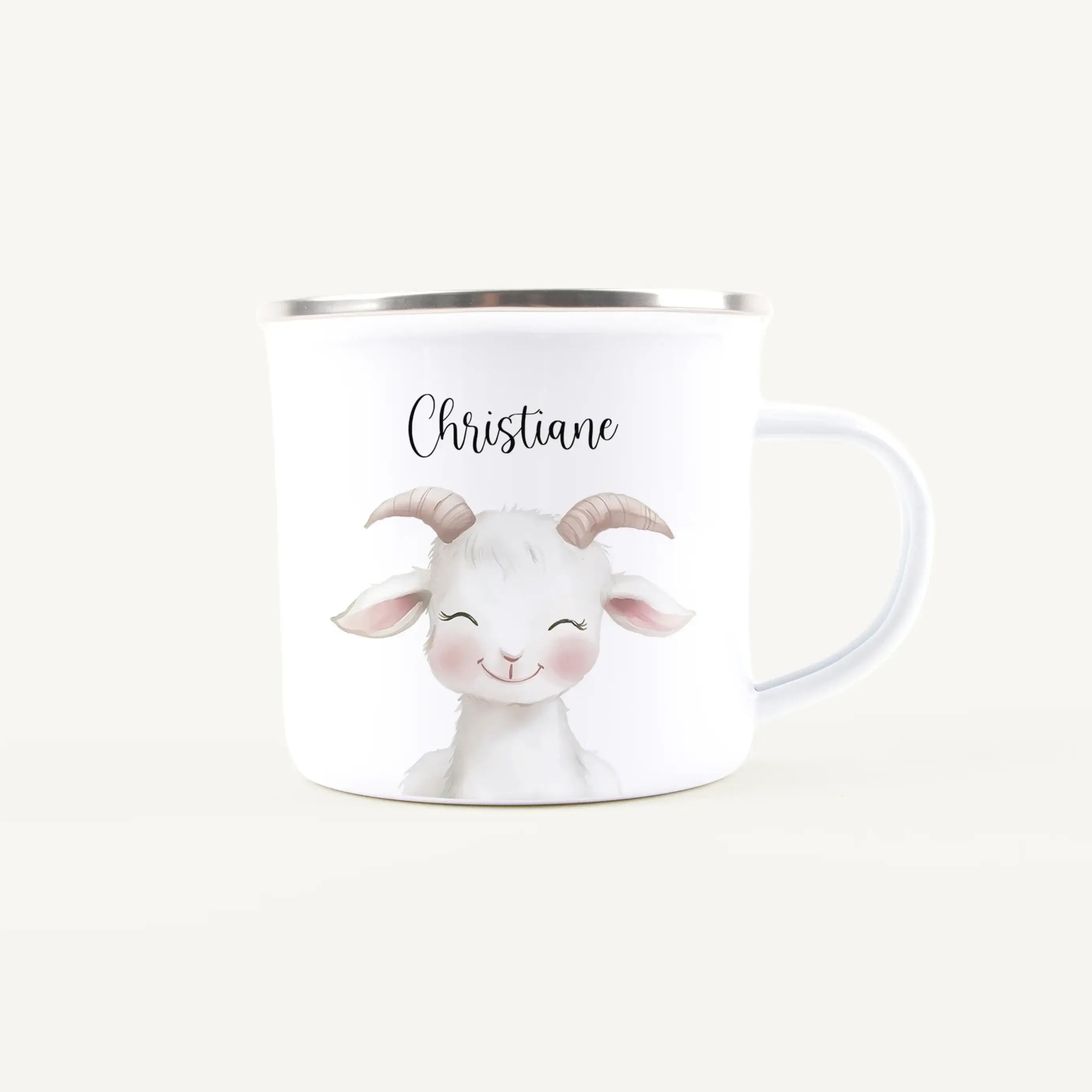 Emaille Tasse Ziege Portrait-Emaille Tasse-famprints-Mit der Emaille Tasse Ziege Portrait gestaltest du ein persönliches Geschenk, das sofort auffällt und lange Freude macht. Das liebevoll illustrierte Ziegenmotiv wird individuell für dich personalisiert