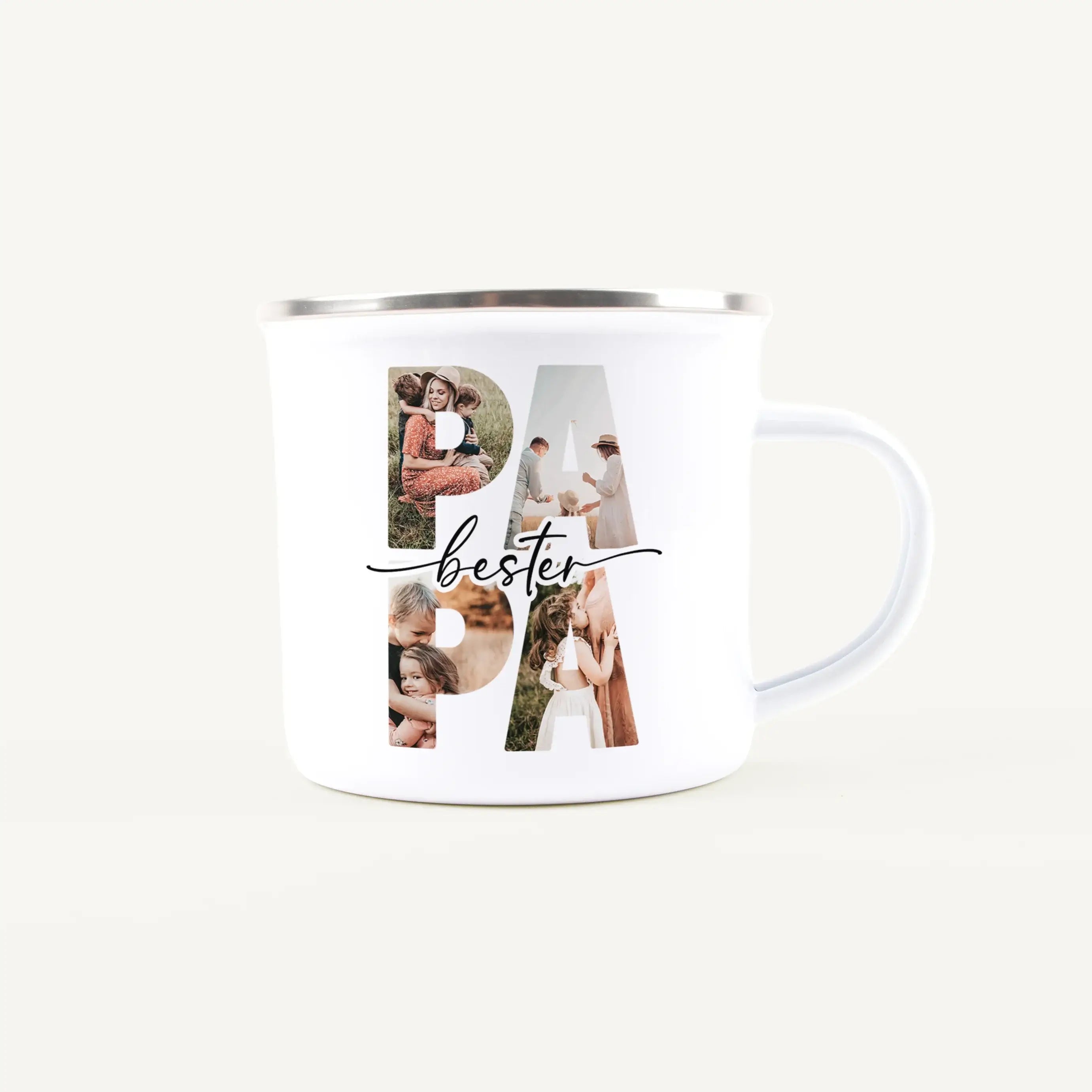 Emaille Tasse bester Papa-Emaille Tasse-famprints-Die Emaille Tasse bester Papa von famprints ist ein liebevoll personalisierbares Geschenk, das gemeinsame Erinnerungen sichtbar macht und jeden Morgen ein Lächeln auf Papas Gesicht zaubert. Deine Fotos in
