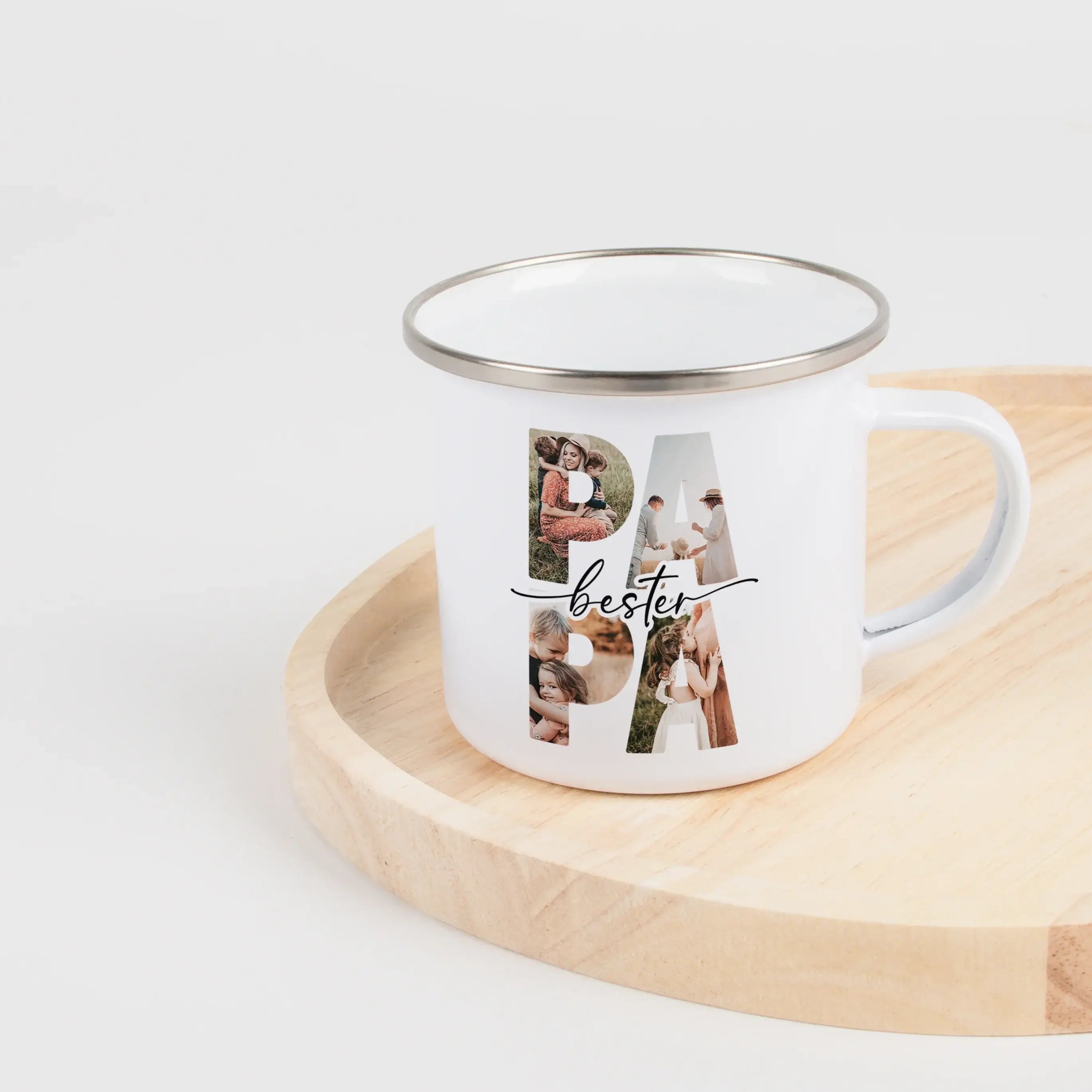 Emaille Tasse bester Papa-Emaille Tasse-famprints-Die Emaille Tasse bester Papa von famprints ist ein liebevoll personalisierbares Geschenk, das gemeinsame Erinnerungen sichtbar macht und jeden Morgen ein Lächeln auf Papas Gesicht zaubert. Deine Fotos in