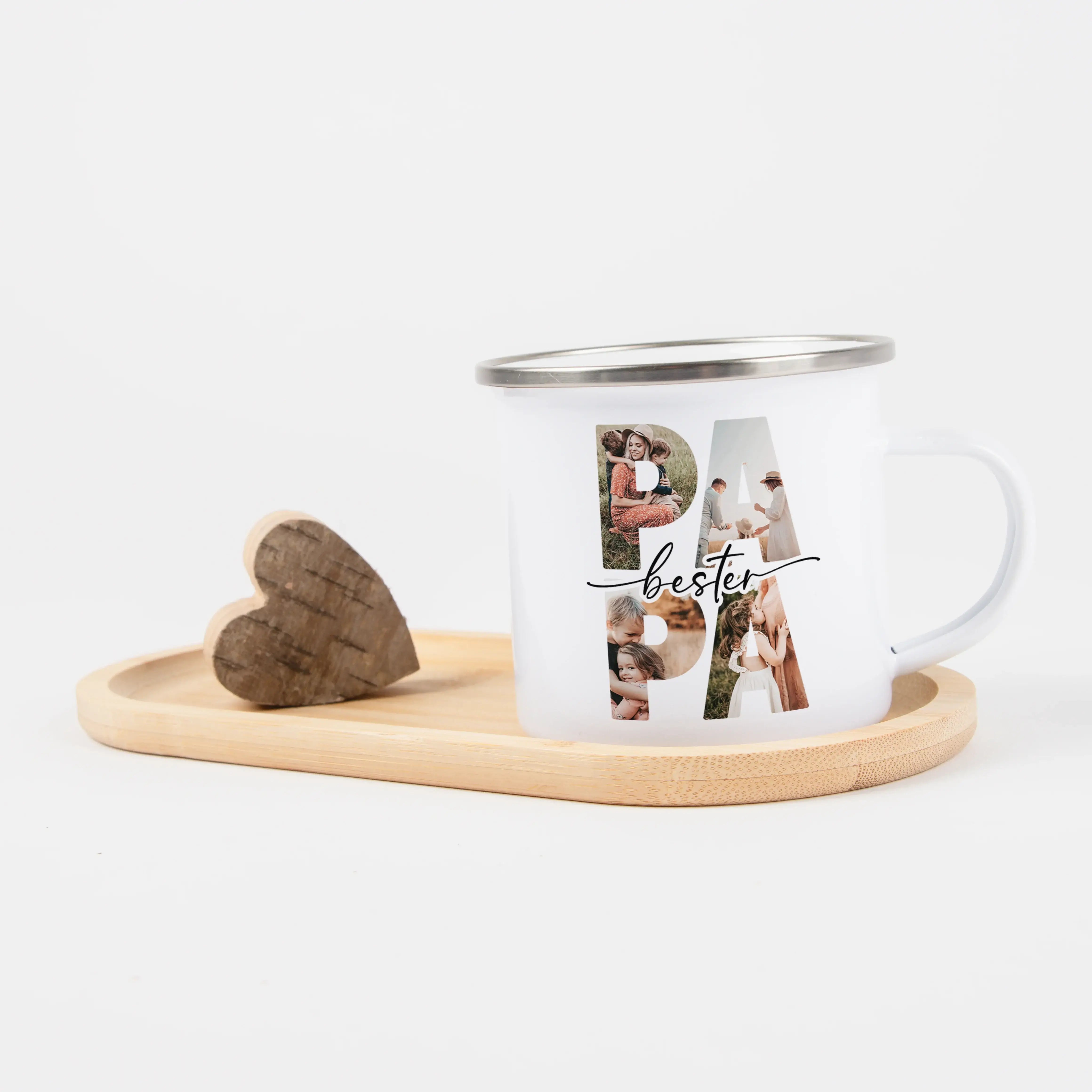 Emaille Tasse bester Papa-Emaille Tasse-famprints-Die Emaille Tasse bester Papa von famprints ist ein liebevoll personalisierbares Geschenk, das gemeinsame Erinnerungen sichtbar macht und jeden Morgen ein Lächeln auf Papas Gesicht zaubert. Deine Fotos in