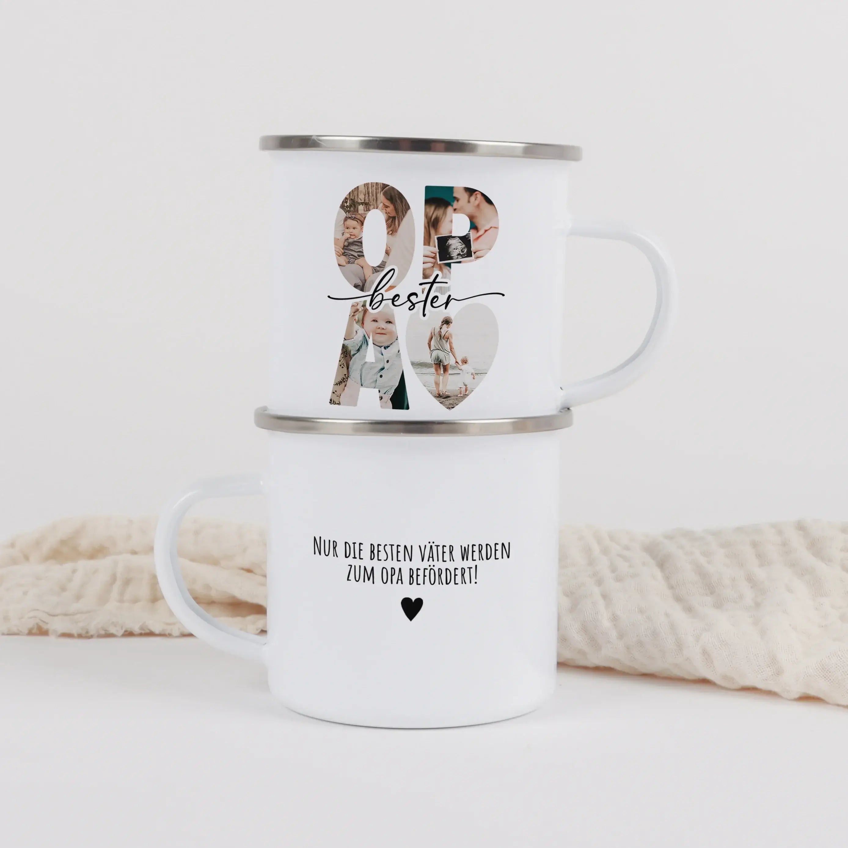 Emaille Tasse bester Opa-Emaille Tasse-famprints-Die Emaille Tasse bester Opa von famprints ist ein persönliches Geschenk, das echte Freude auslöst und täglich an gemeinsame Momente erinnert. Du gestaltest die Tasse mit Lieblingsfotos und einem eigenen Te