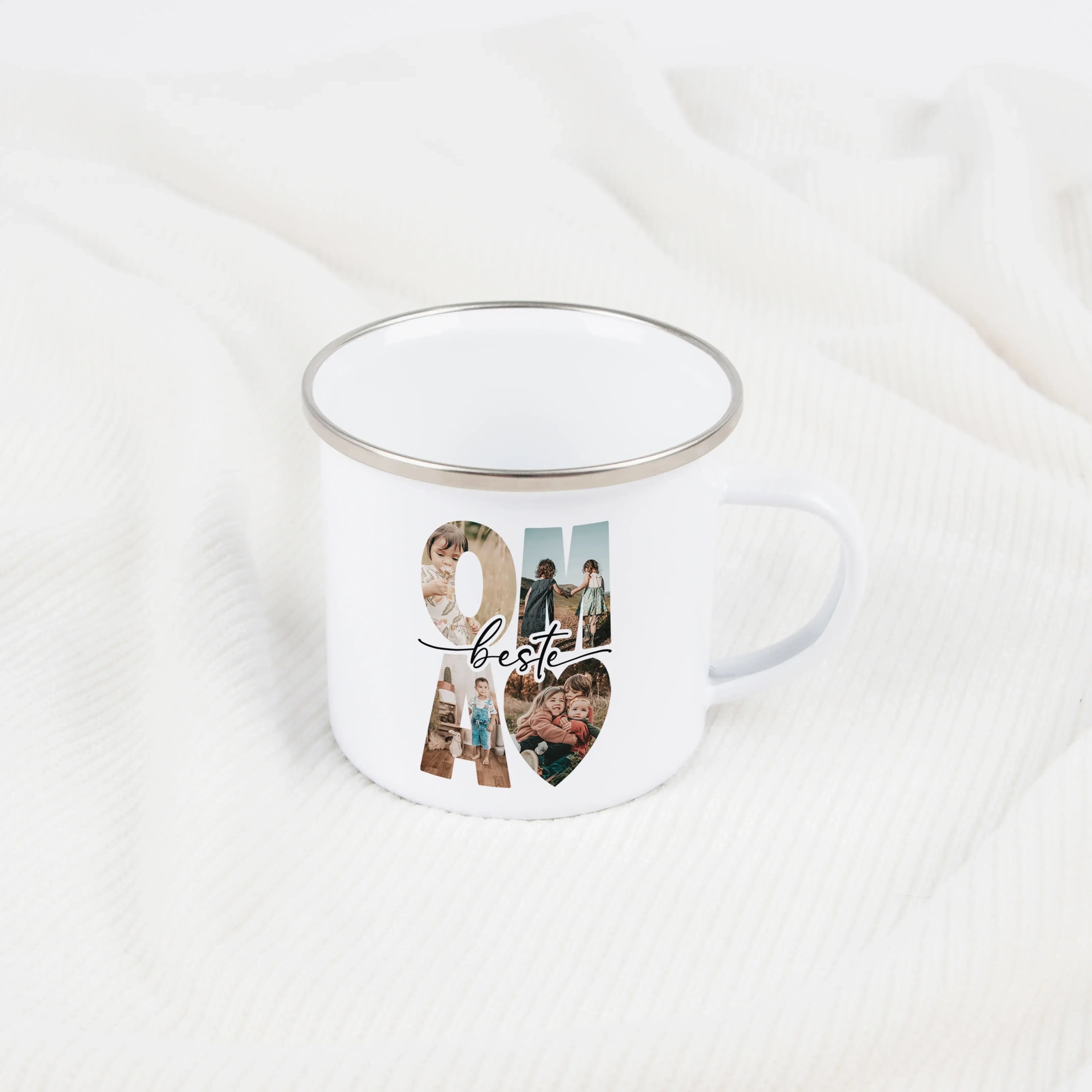 Emaille Tasse beste Oma-Emaille Tasse-famprints-Überrasche deine Oma mit der Emaille Tasse beste Oma von famprints – einem liebevoll gestalteten Erinnerungsstück, das euren besonderen Alltag begleitet. Die Kombination aus personalisierbarem Design, vier F