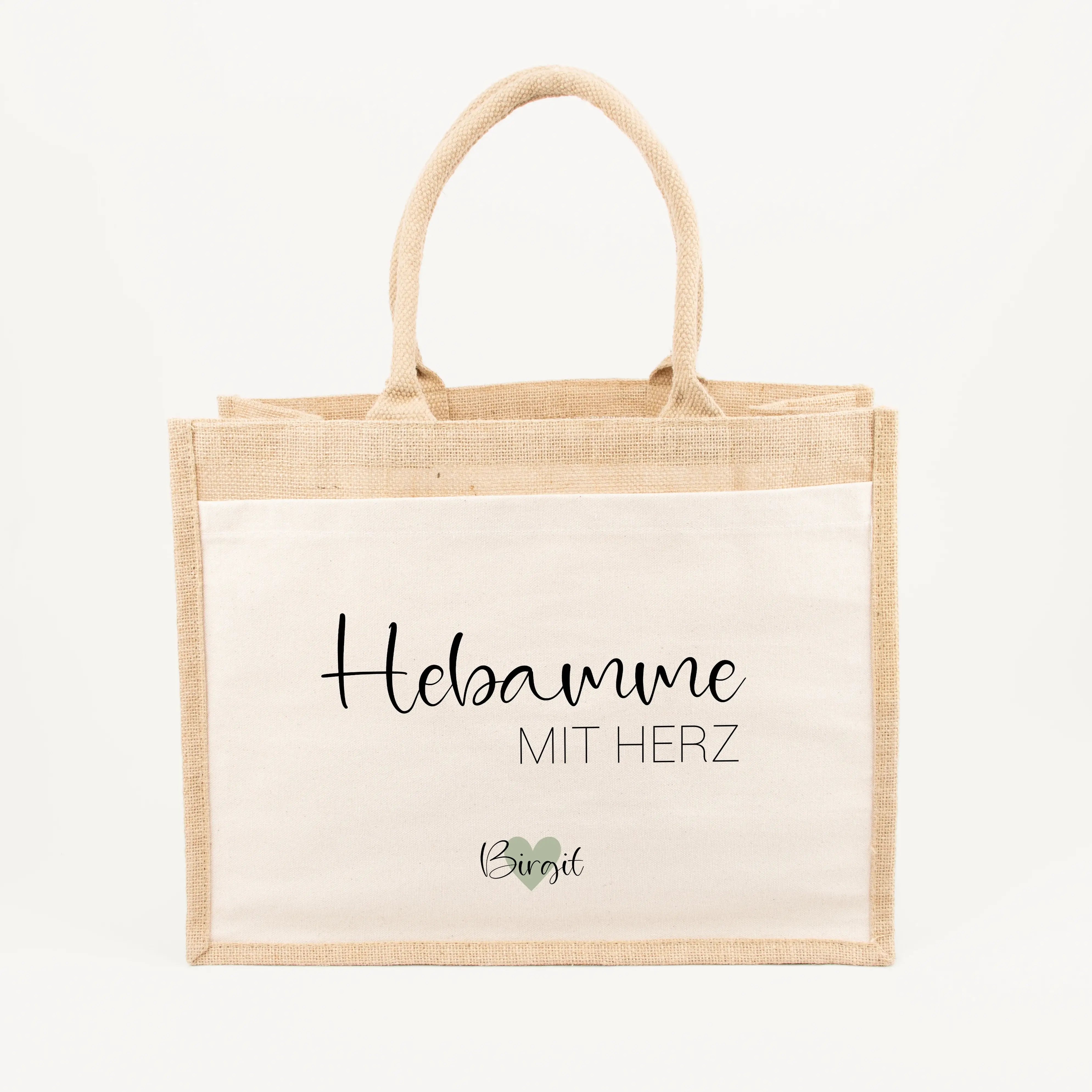 Jutetasche Hebamme mit Herz - Jutetasche - famprints - Du suchst ein persönliches Geschenk für deine Hebamme? Unsere Jutetasche Hebamme mit Herz ist das perfekte Dankeschön für die liebevolle Unterstützung von der Schwangerschaft bis zur Geburt. Auf der T